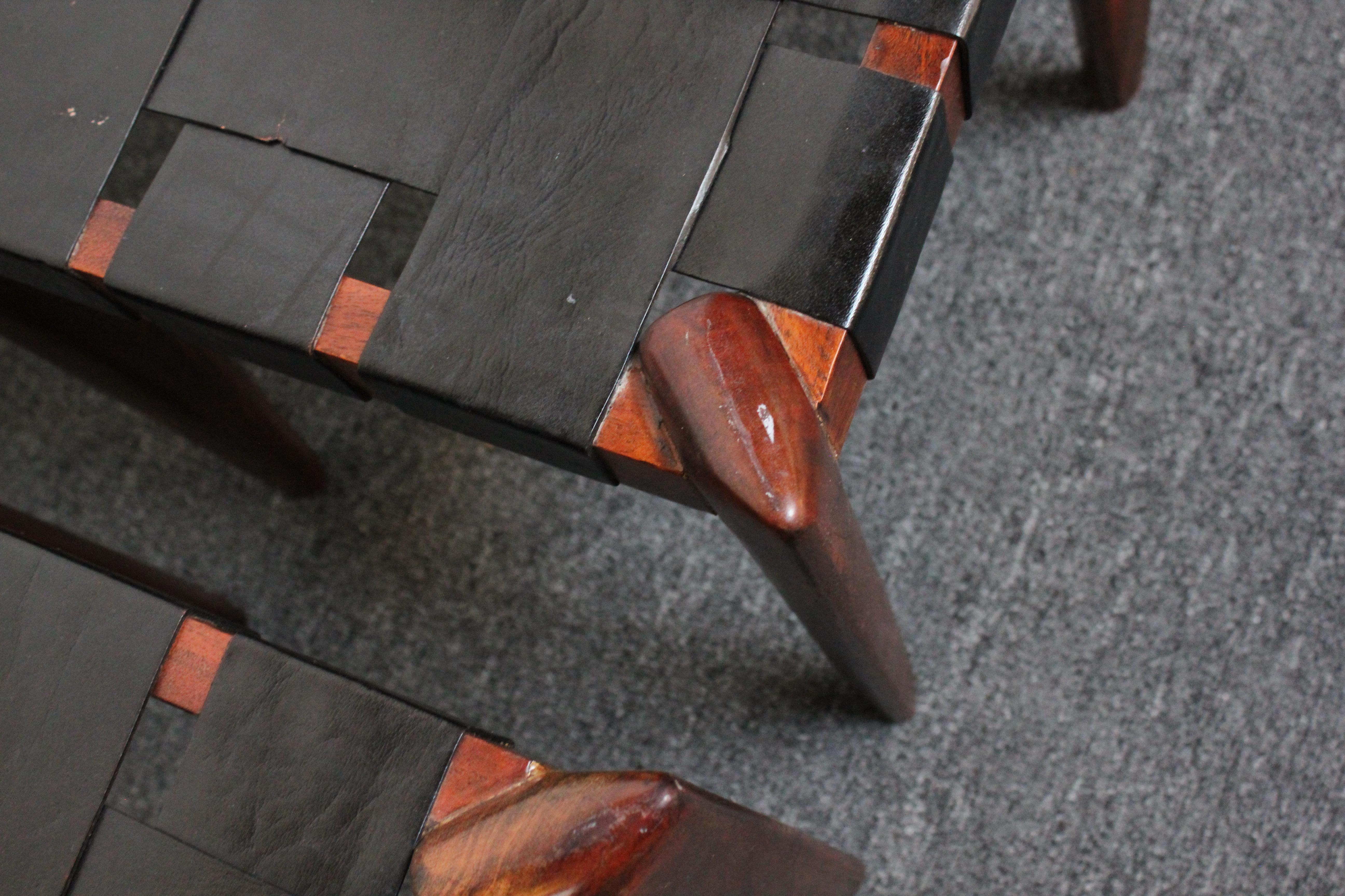 Set of Three Leather and Solid Stained Teak Stools by Edmond Spence For Sale 8