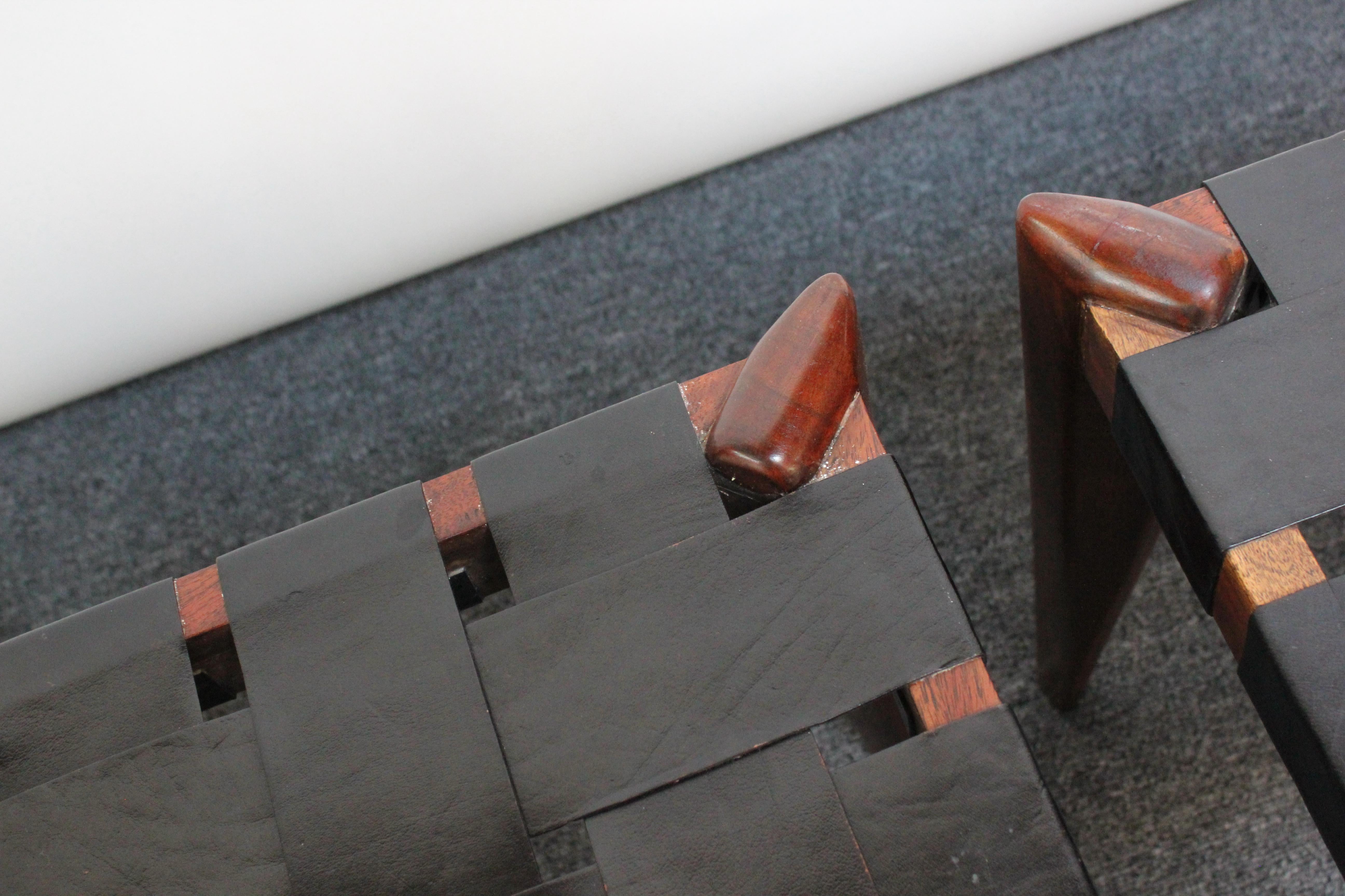 Set of Three Leather and Solid Stained Teak Stools by Edmond Spence For Sale 12