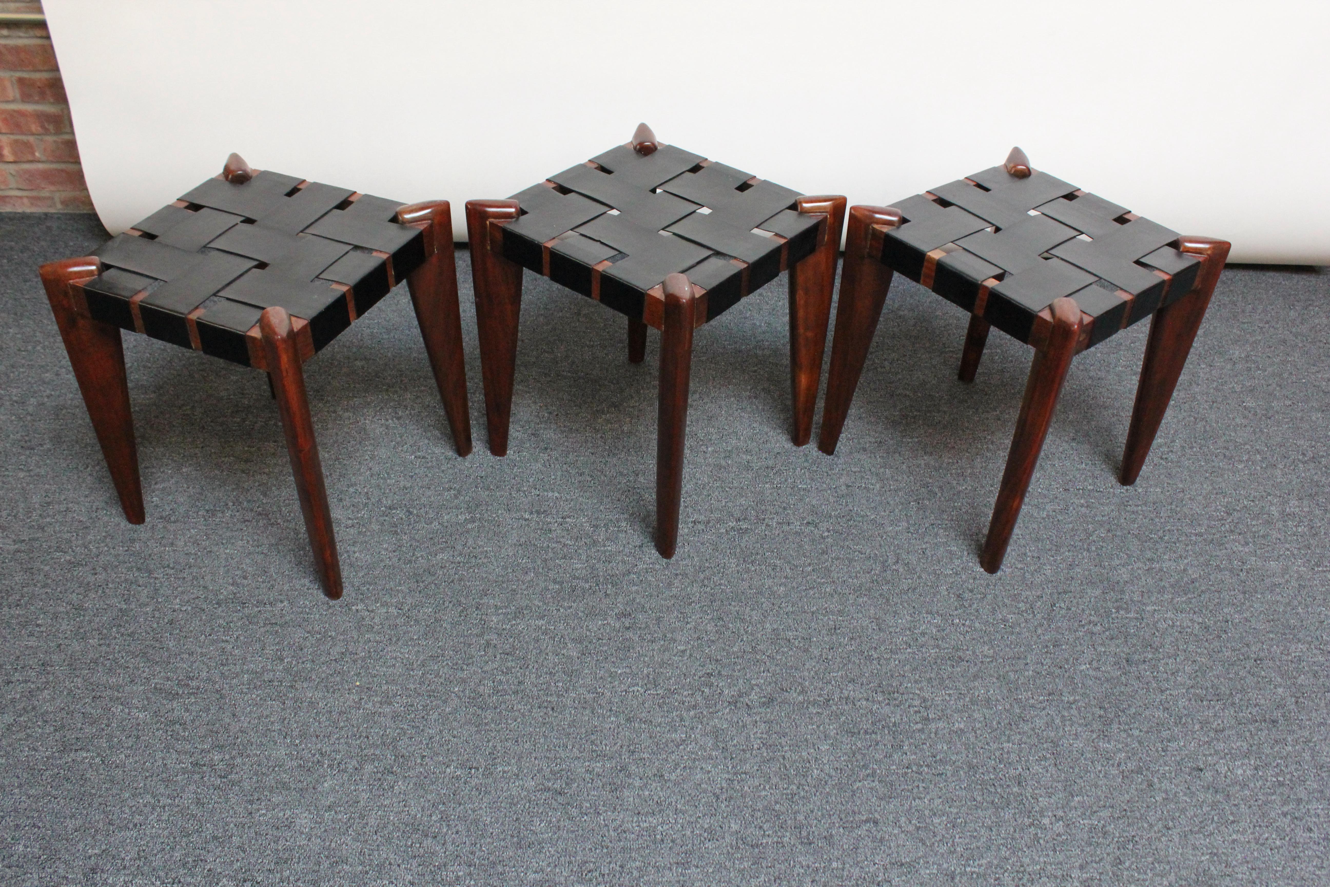 American Set of Three Leather and Solid Stained Teak Stools by Edmond Spence For Sale