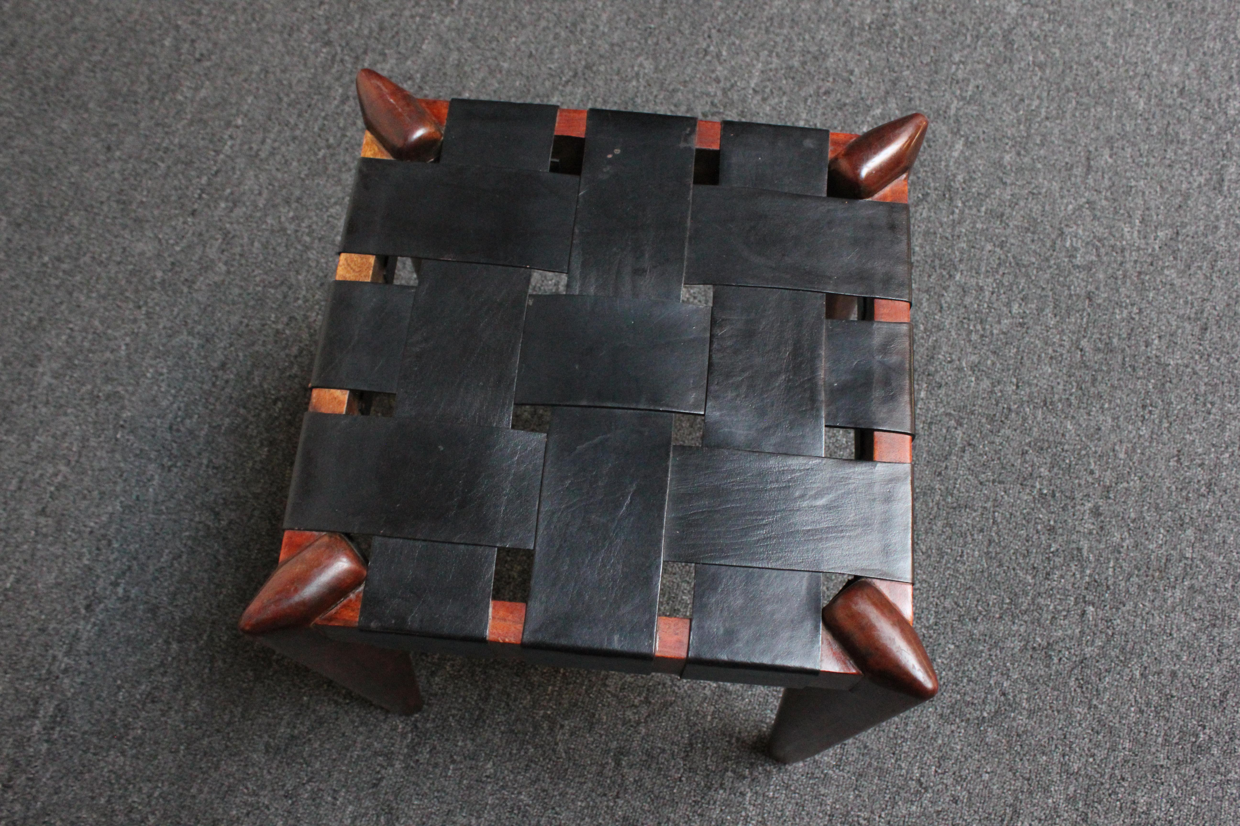 Set of Three Leather and Solid Stained Teak Stools by Edmond Spence In Good Condition For Sale In Brooklyn, NY