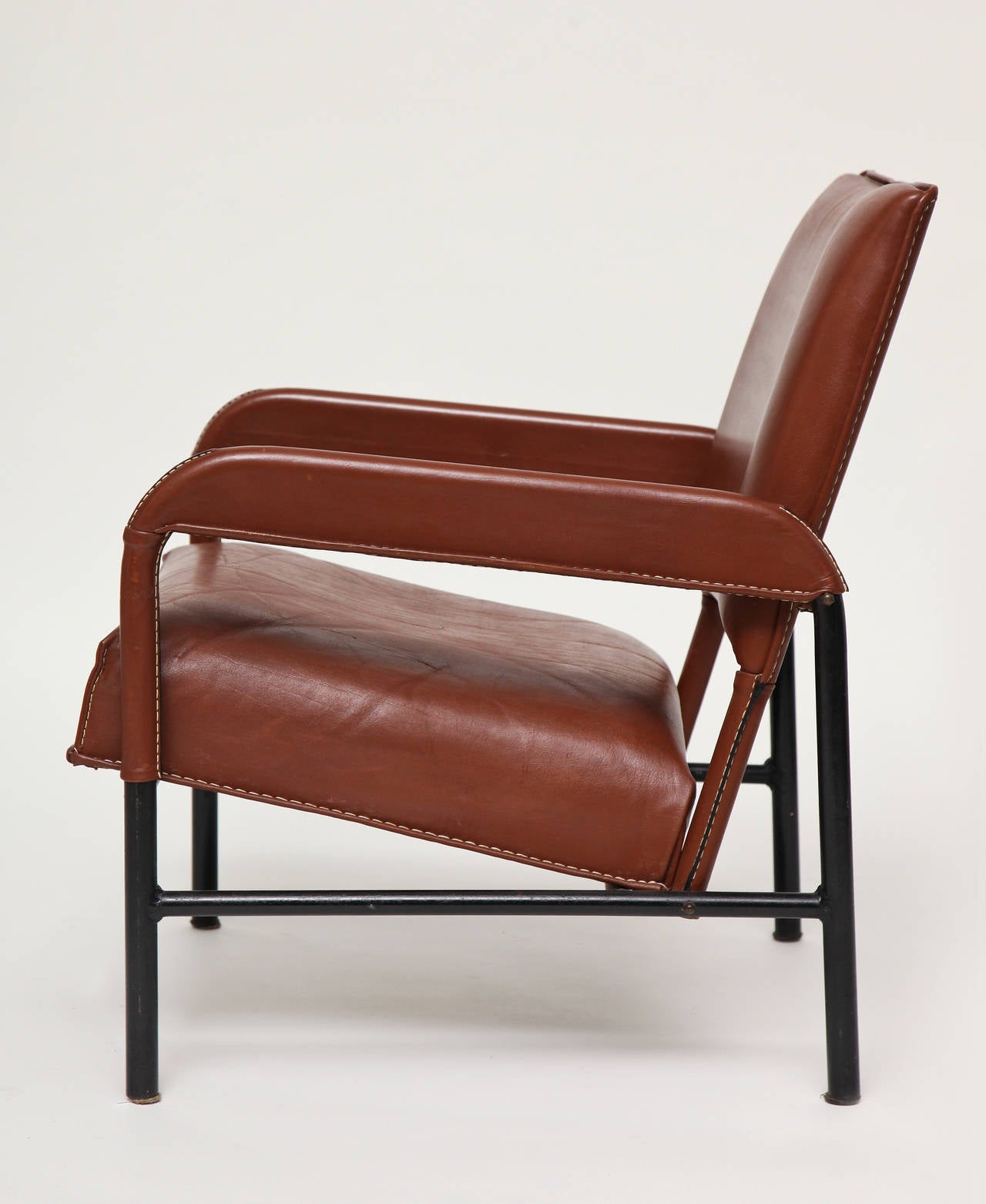 French Set of Three Midcentury Leather Armchairs in the manner of Adnet, France, c 1955 For Sale