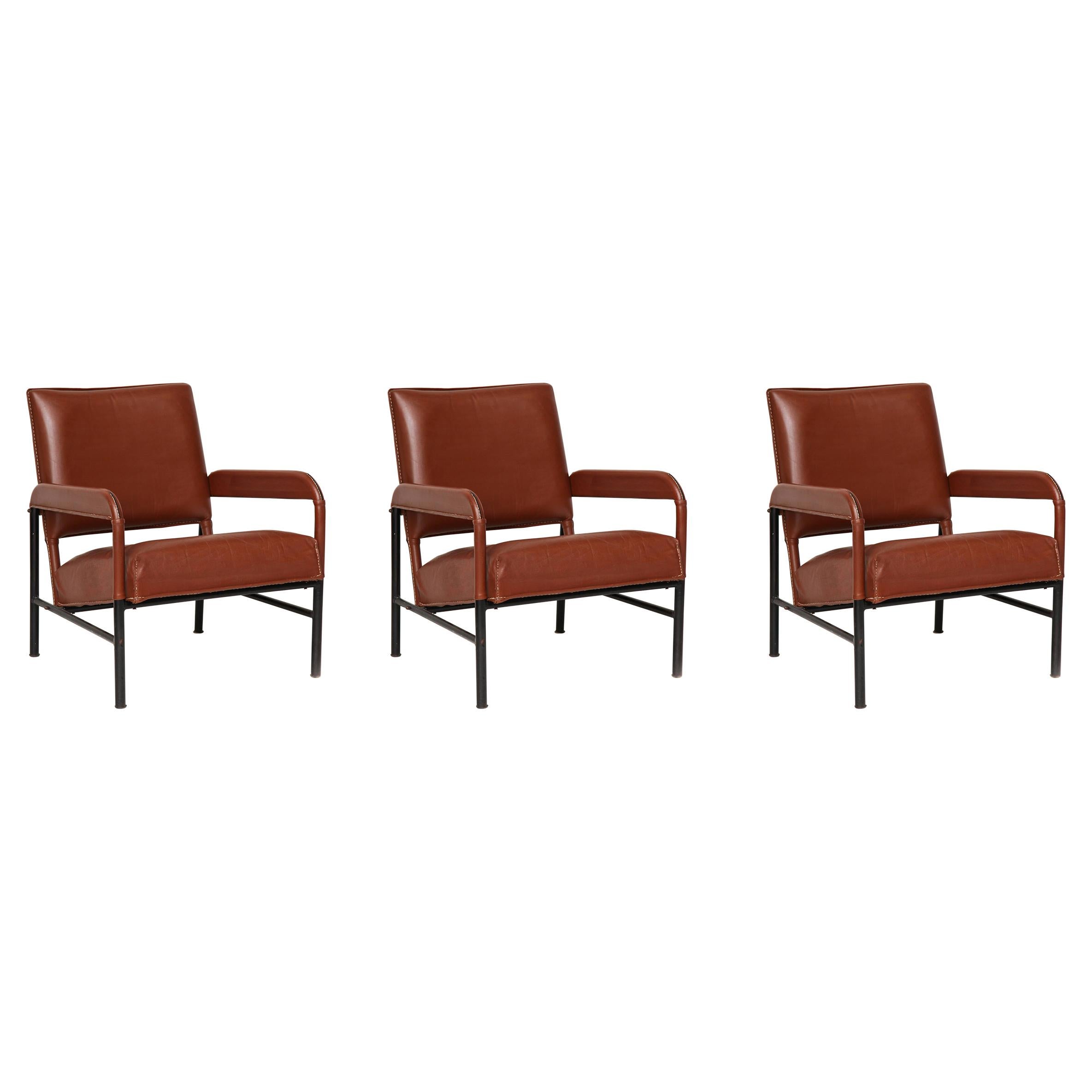 Set of Three Midcentury Leather Armchairs in the manner of Adnet, France, c 1955