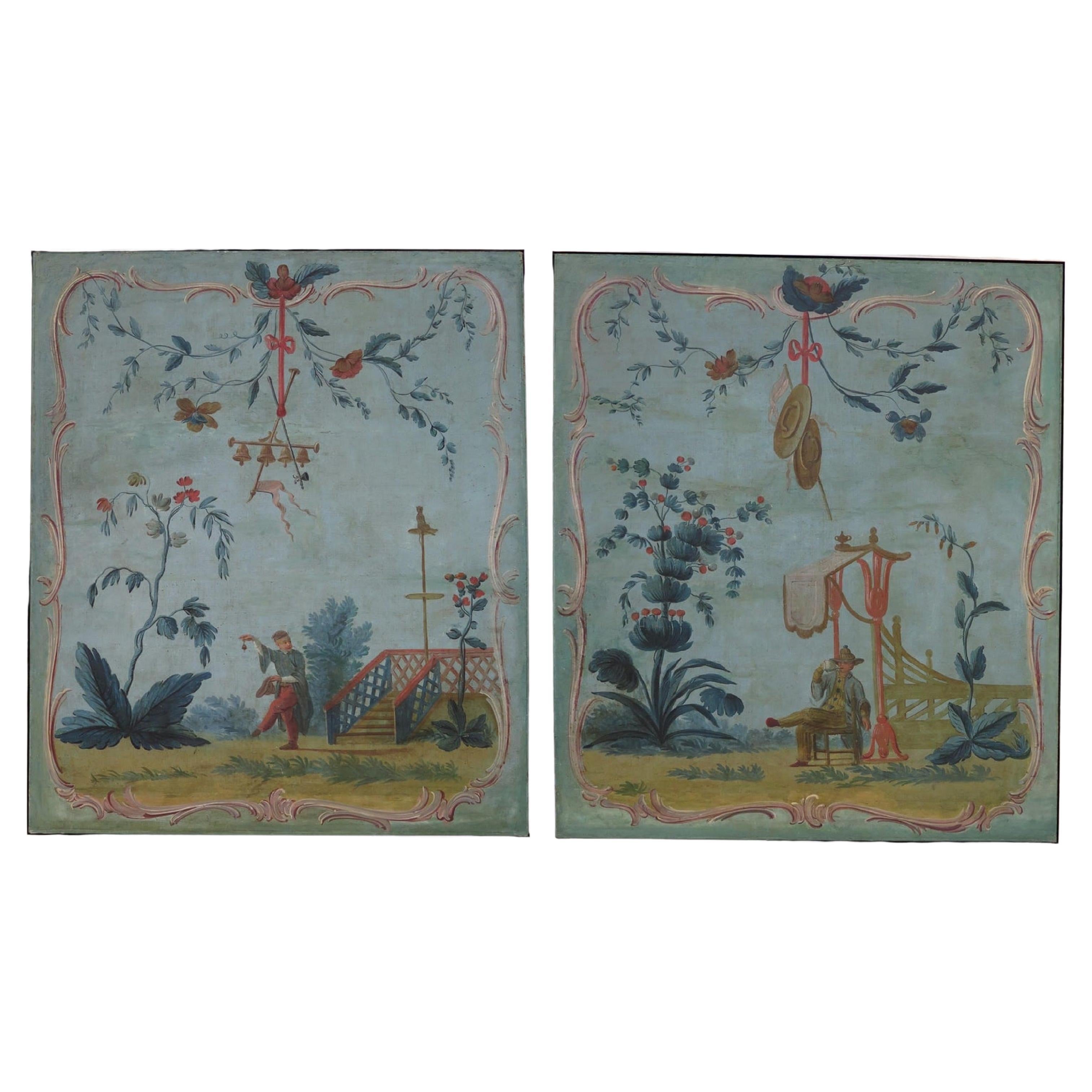 Set of two (2) Louis XV painted canvas panels once set in boiserie. Chinoiserie decoration with great colors and beautiful scenes.

Dimensions for the panels:
72.5