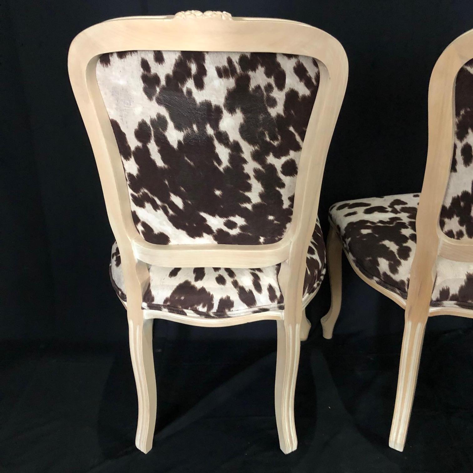 Set of Three Louis XV Style Bleached Wood Chairs with Faux Hide Upholstery For Sale 1
