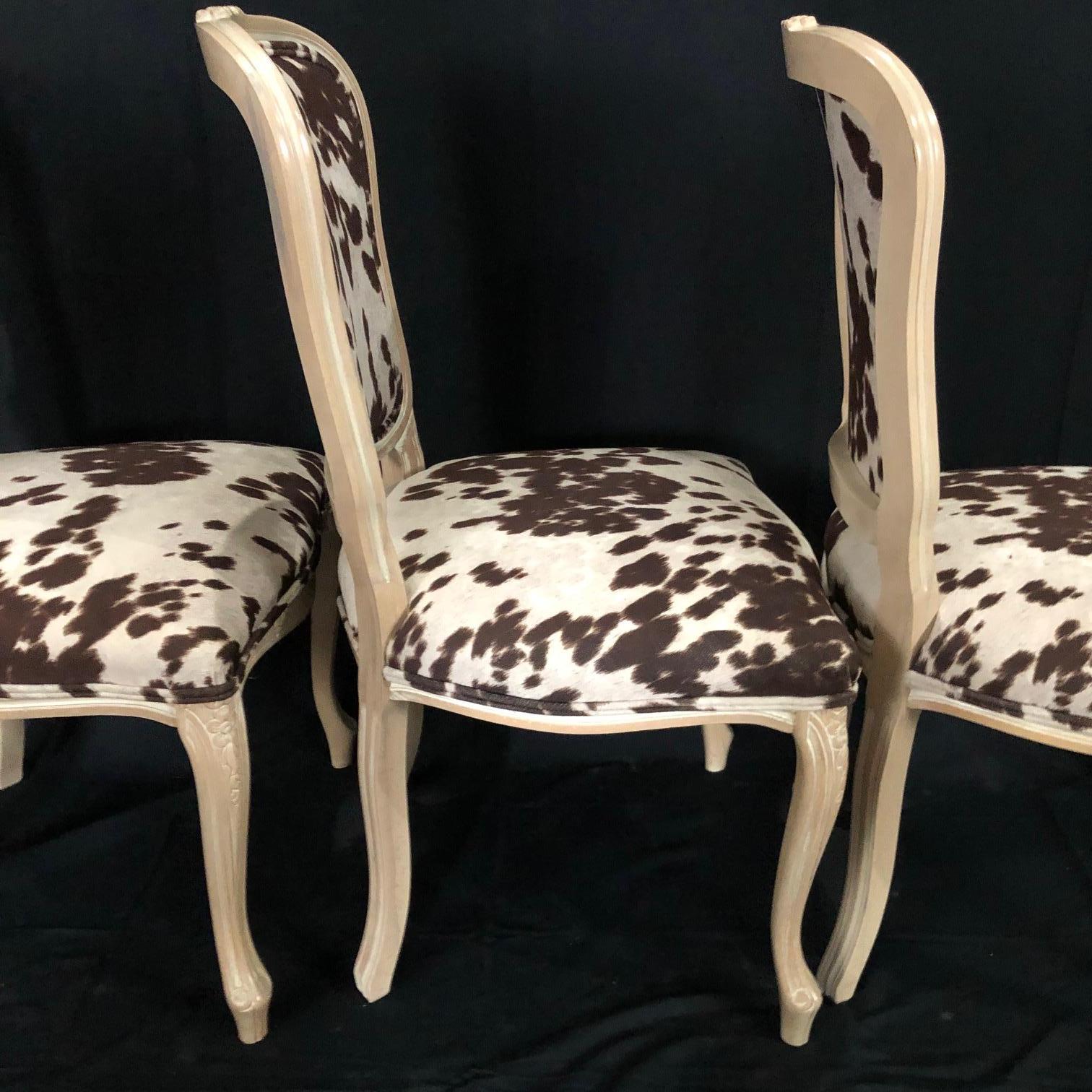 Cowhide Set of Three Louis XV Style Bleached Wood Chairs with Faux Hide Upholstery For Sale