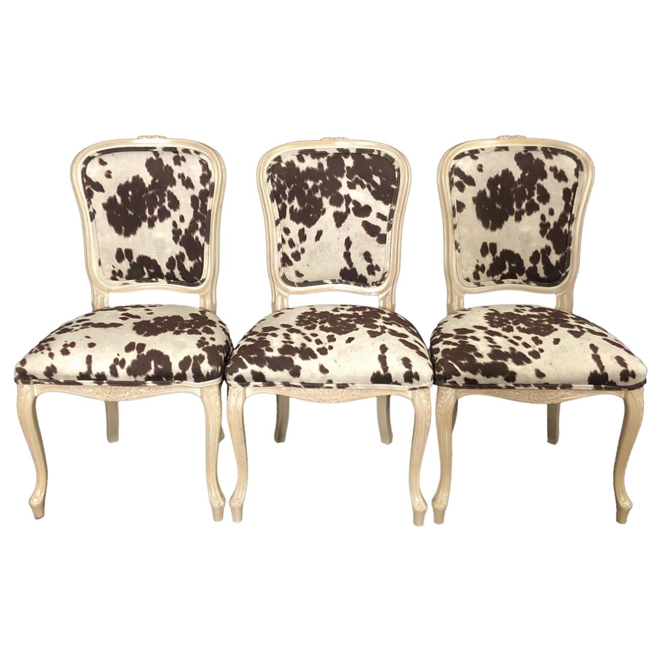 Set of Three Louis XV Style Bleached Wood Chairs with Faux Hide Upholstery