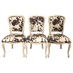 Retro Set of Three Louis XV Style Bleached Wood Chairs with Faux Hide Upholstery