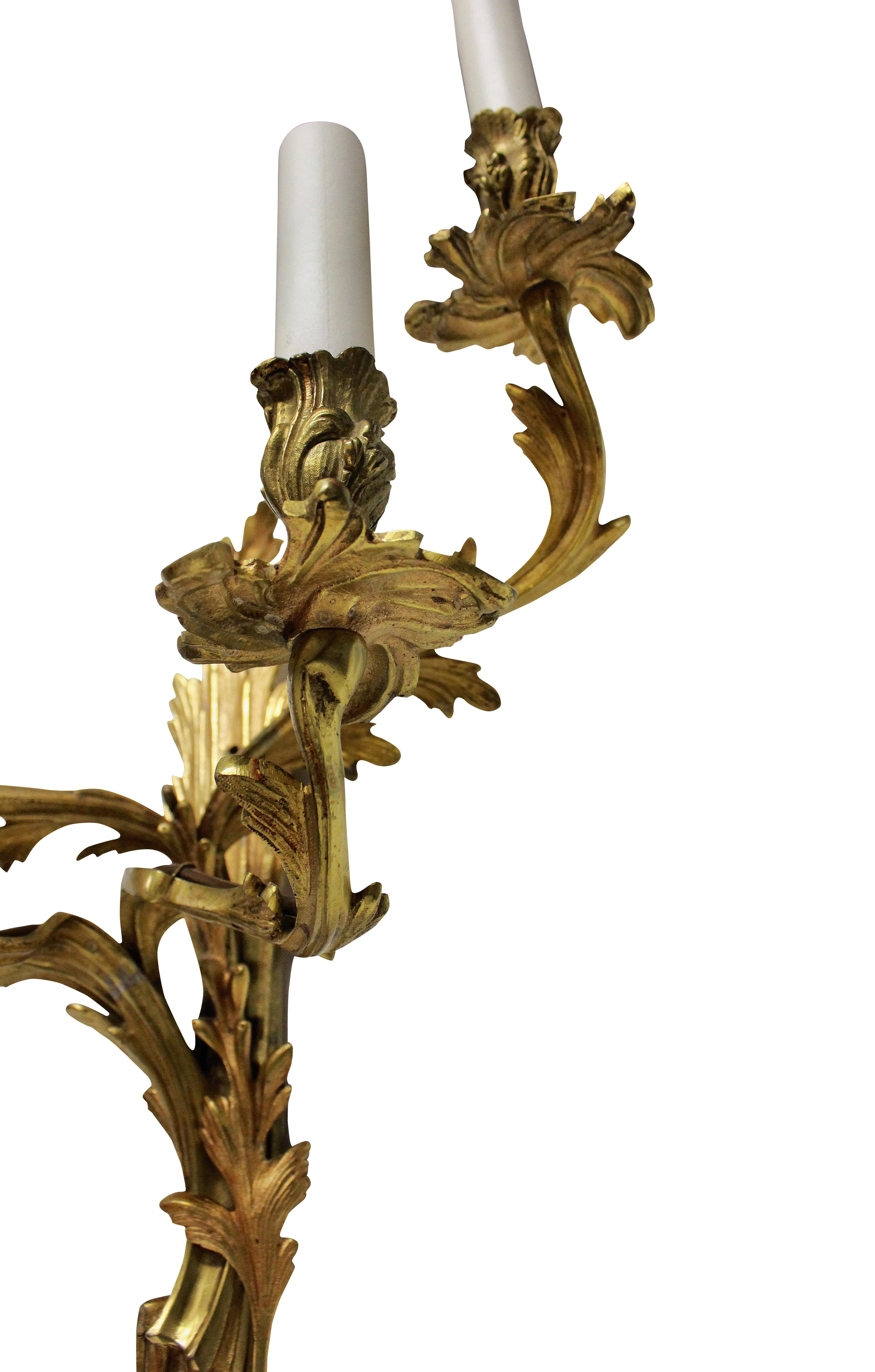 A set of three large Louis XV style gilt bronze, five branch wall sconces.