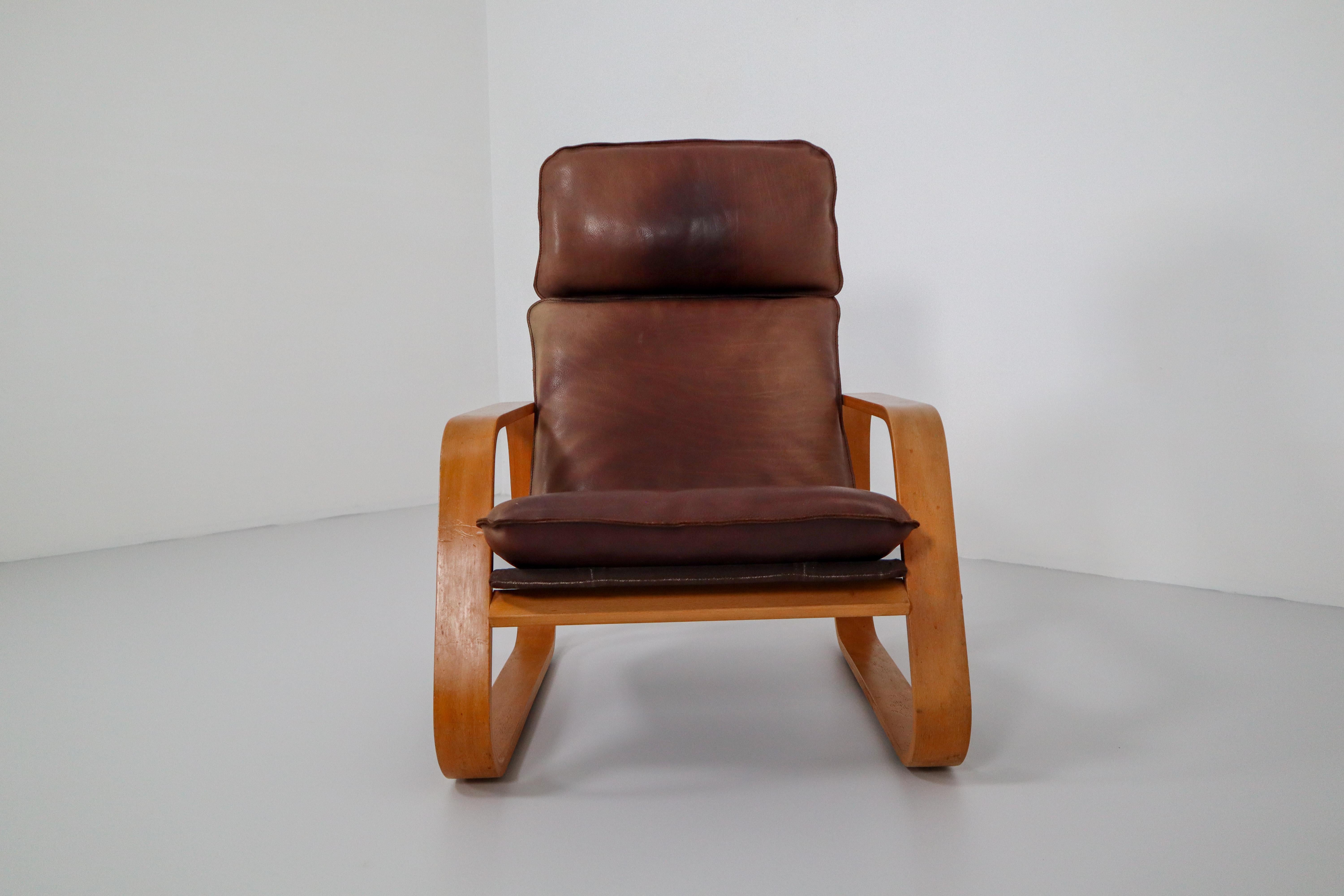 Mid-Century Modern Set of Three Lounge Chairs, Patinated Leather and Bentwood, France, 1970s
