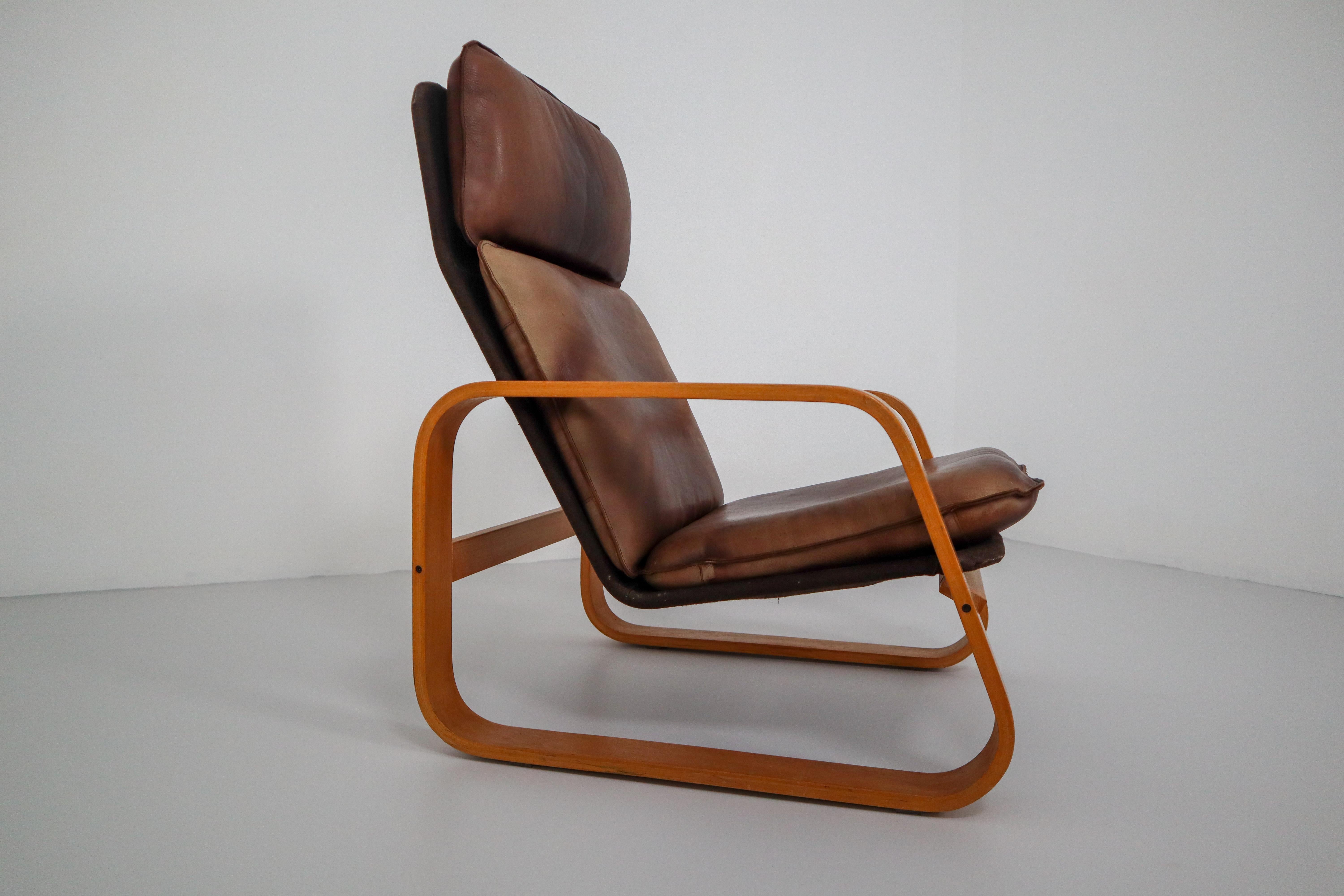 French Set of Three Lounge Chairs, Patinated Leather and Bentwood, France, 1970s