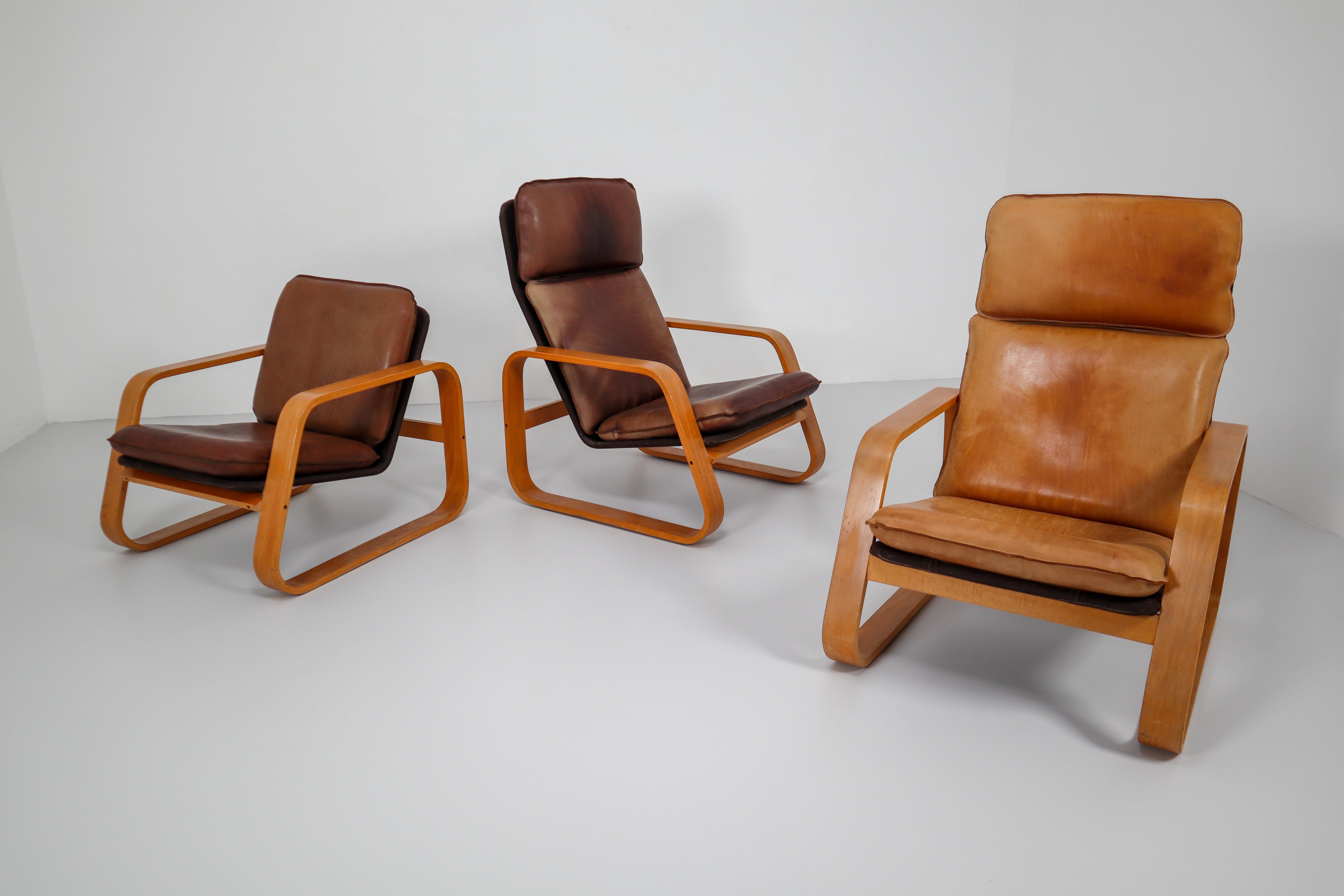 Late 20th Century Set of Three Lounge Chairs, Patinated Leather and Bentwood, France, 1970s