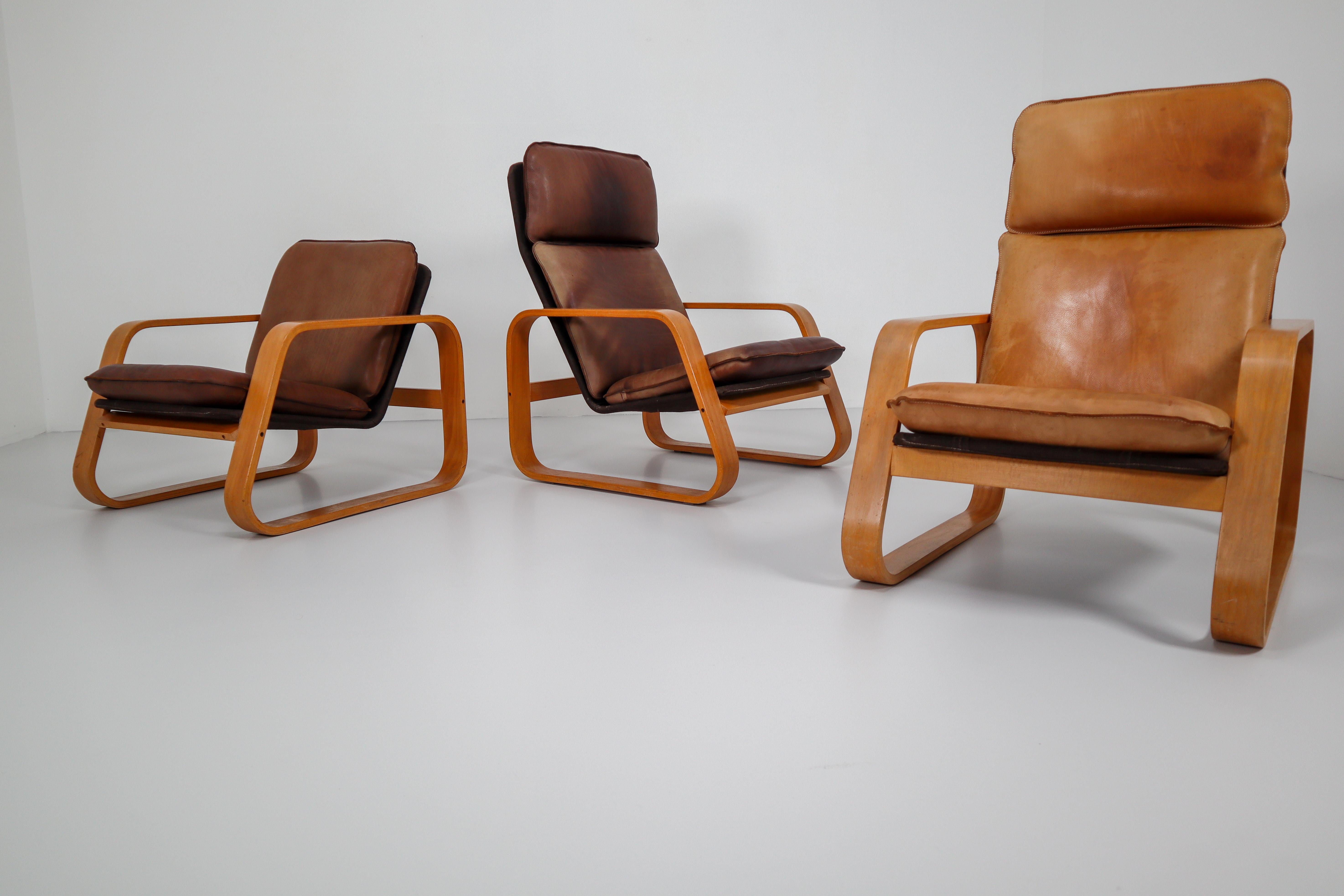Set of Three Lounge Chairs, Patinated Leather and Bentwood, France, 1970s 1