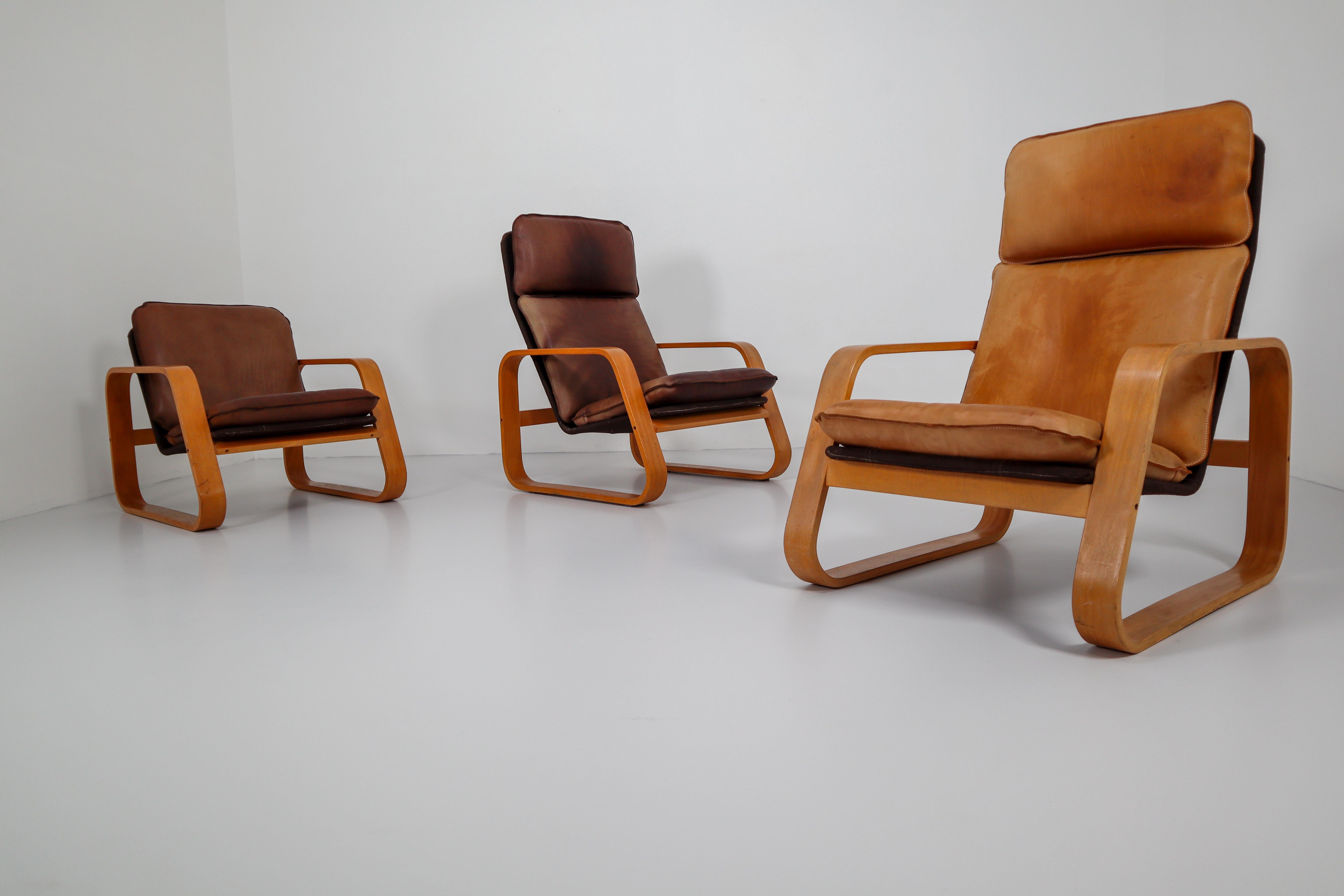 Set of Three Lounge Chairs, Patinated Leather and Bentwood, France, 1970s 2