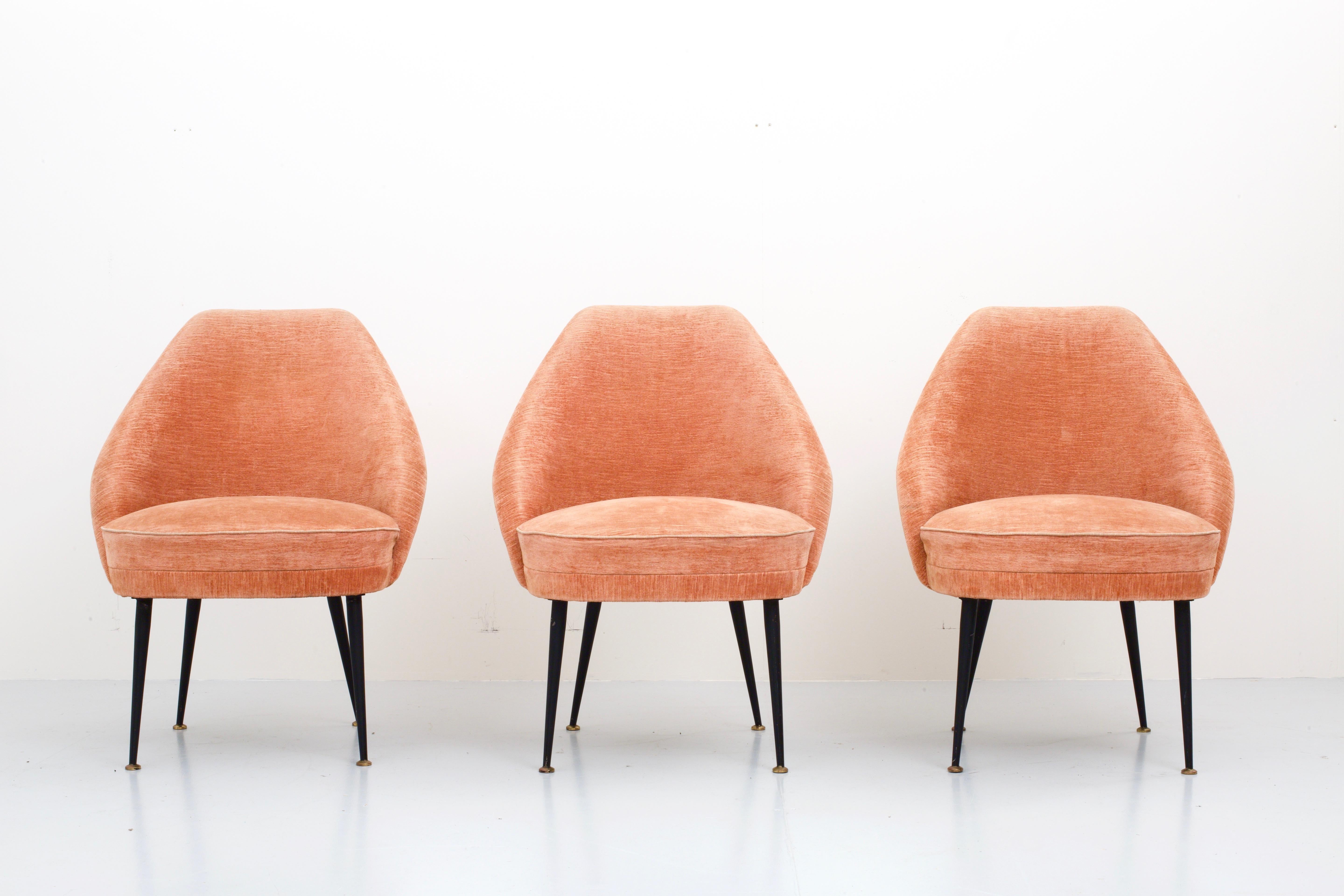 Satz von drei 'Campanula'-Sesseln aus rosa Samt von Carlo Pagano für Arflex, Italien, 1952.

Sehr bequeme und elegante niedrige Loungesessel mit schönen runden Formen in der Rückenlehne. Massive Beine aus Metall und Messing verleihen ihnen ein