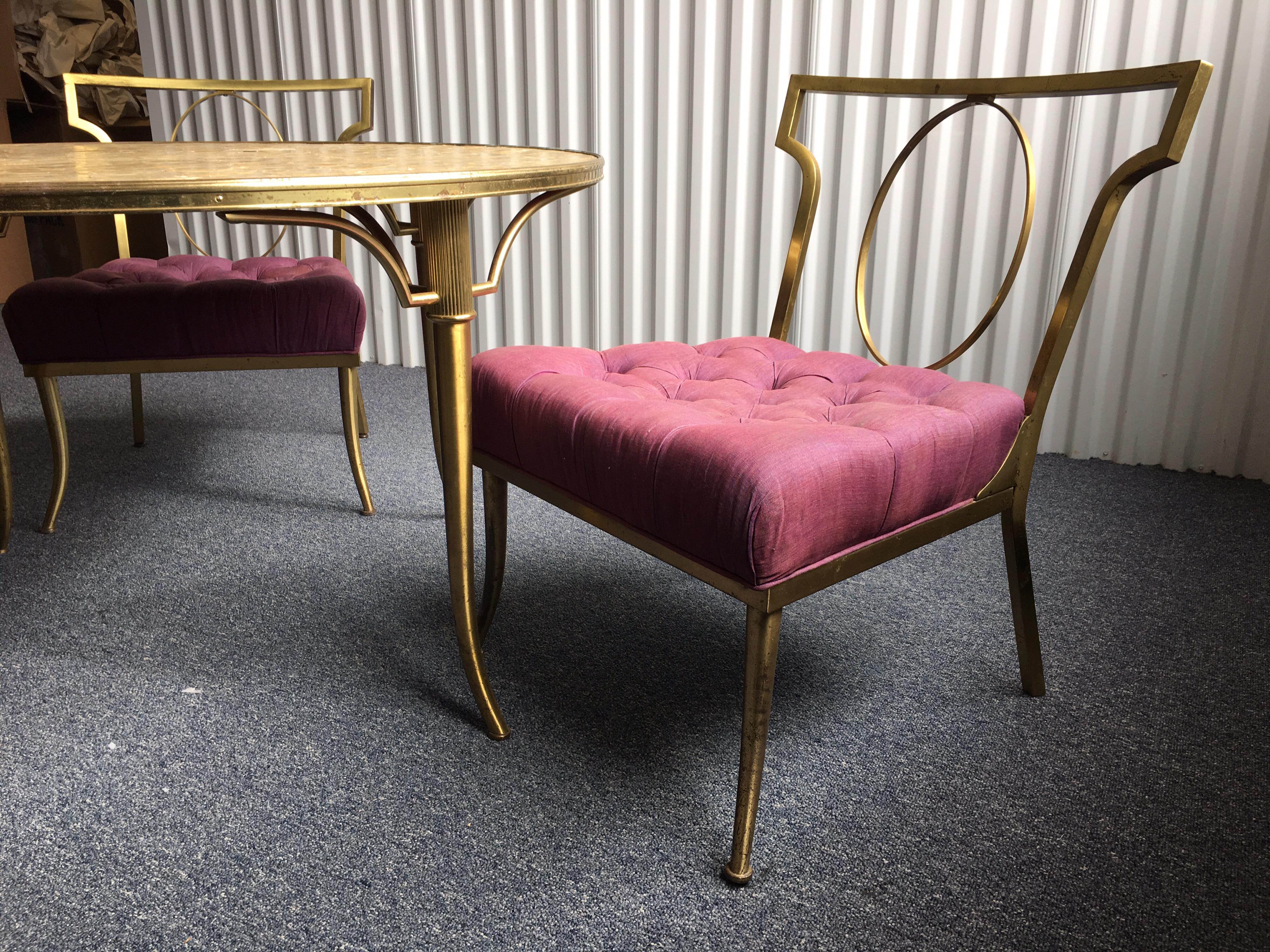 Set of Three Low Brass Directoire Style Chairs with Round Capiz Shell Top Table 8