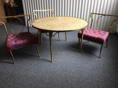 Set of Three Low Brass Directoire Style Chairs with Round Capiz Shell Top Table