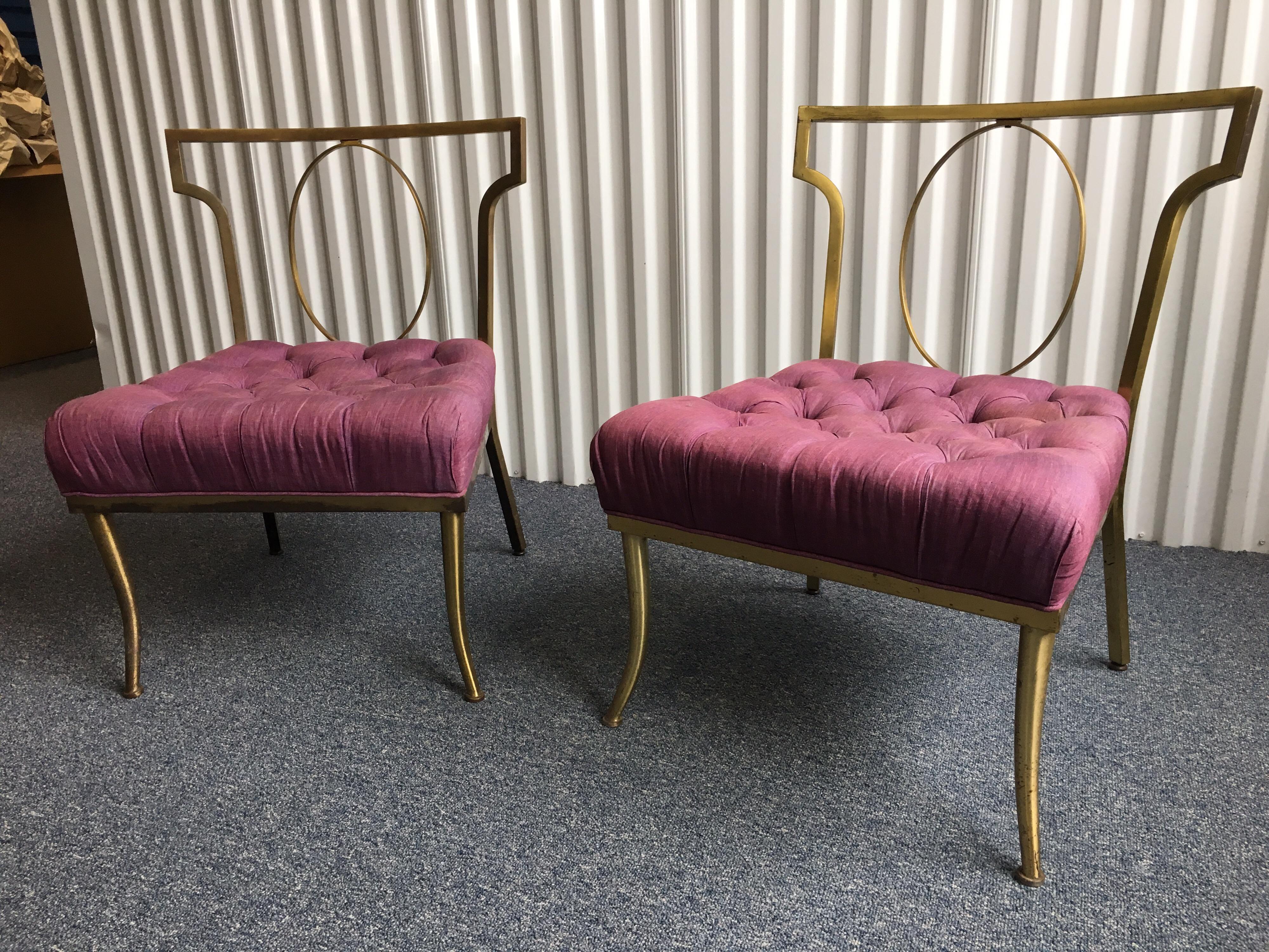 Set of Three Low Brass Directoire Style Chairs with Round Capiz Shell Top Table 15