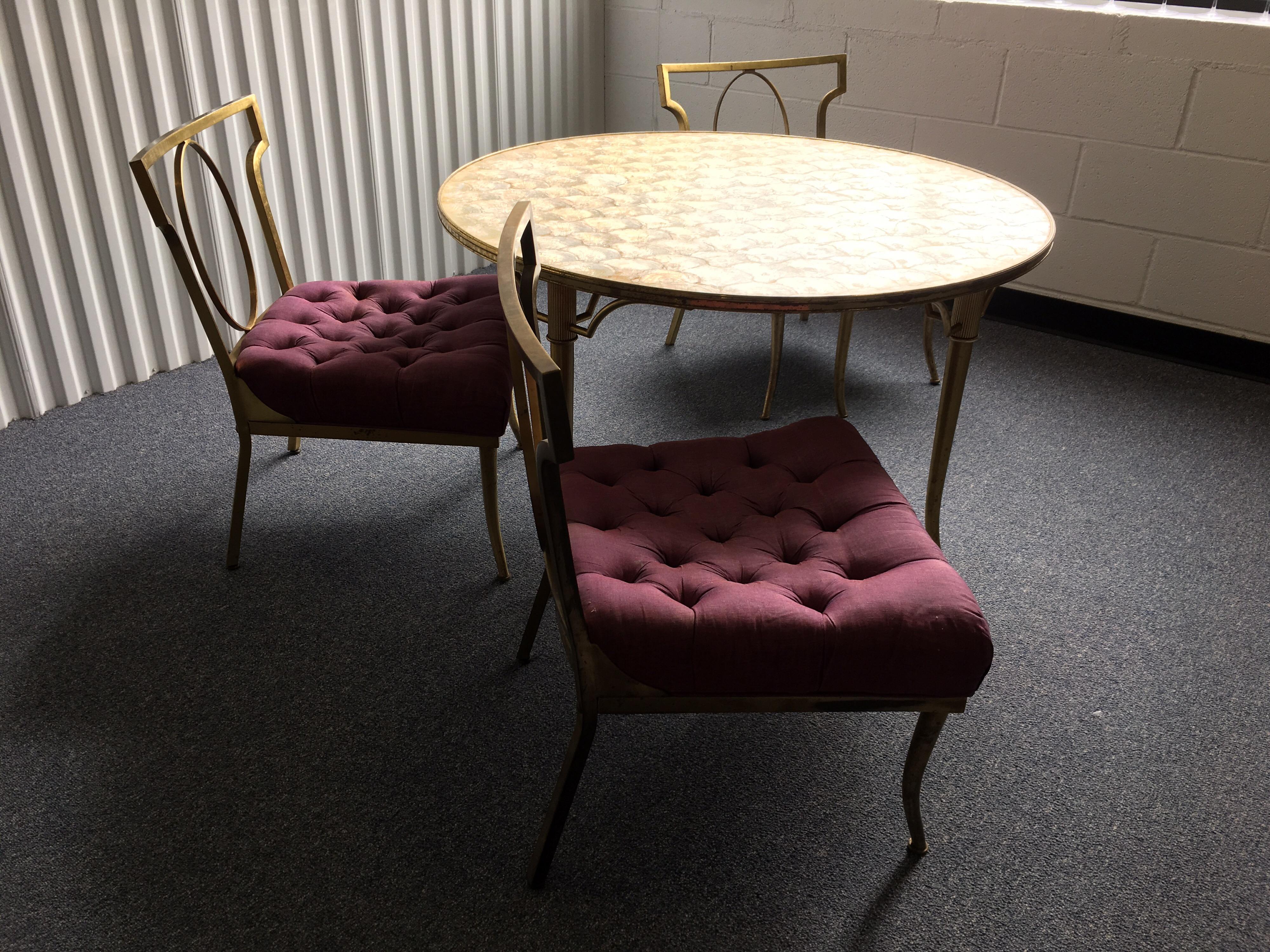 20th Century Set of Three Low Brass Directoire Style Chairs with Round Capiz Shell Top Table