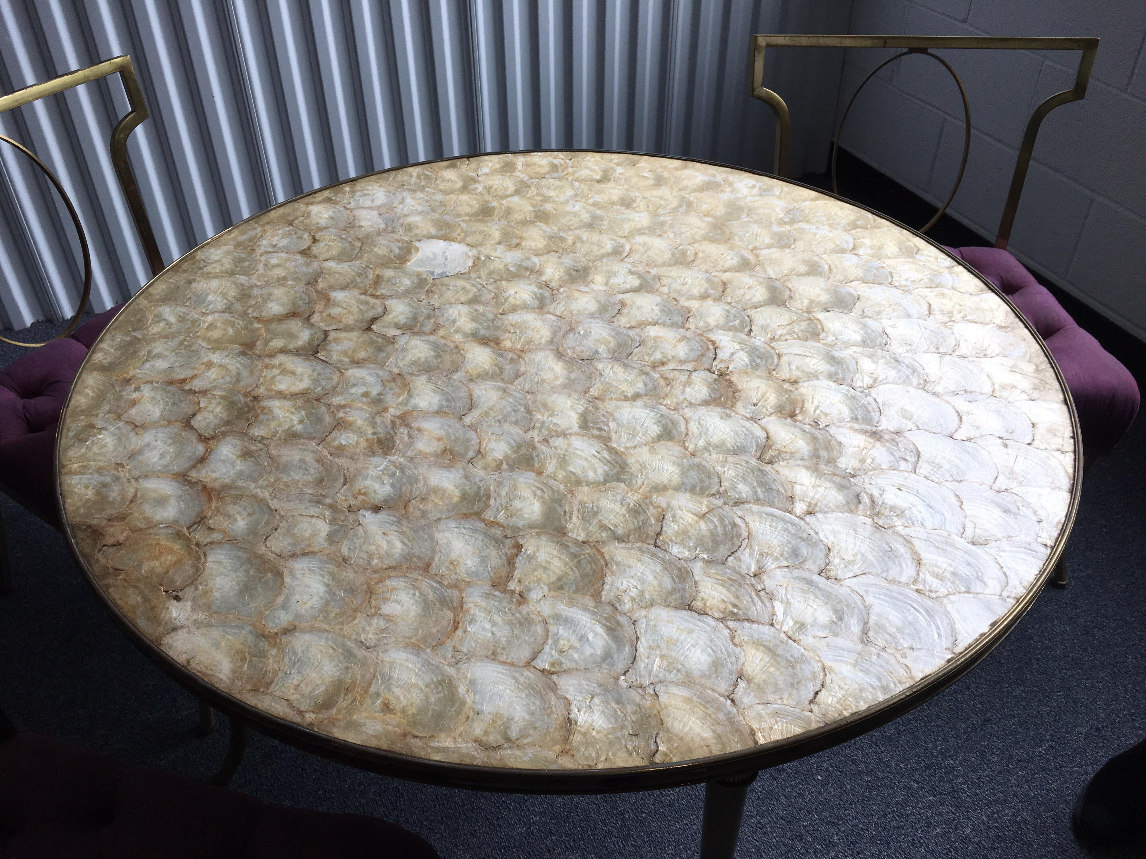 Set of Three Low Brass Directoire Style Chairs with Round Capiz Shell Top Table 3