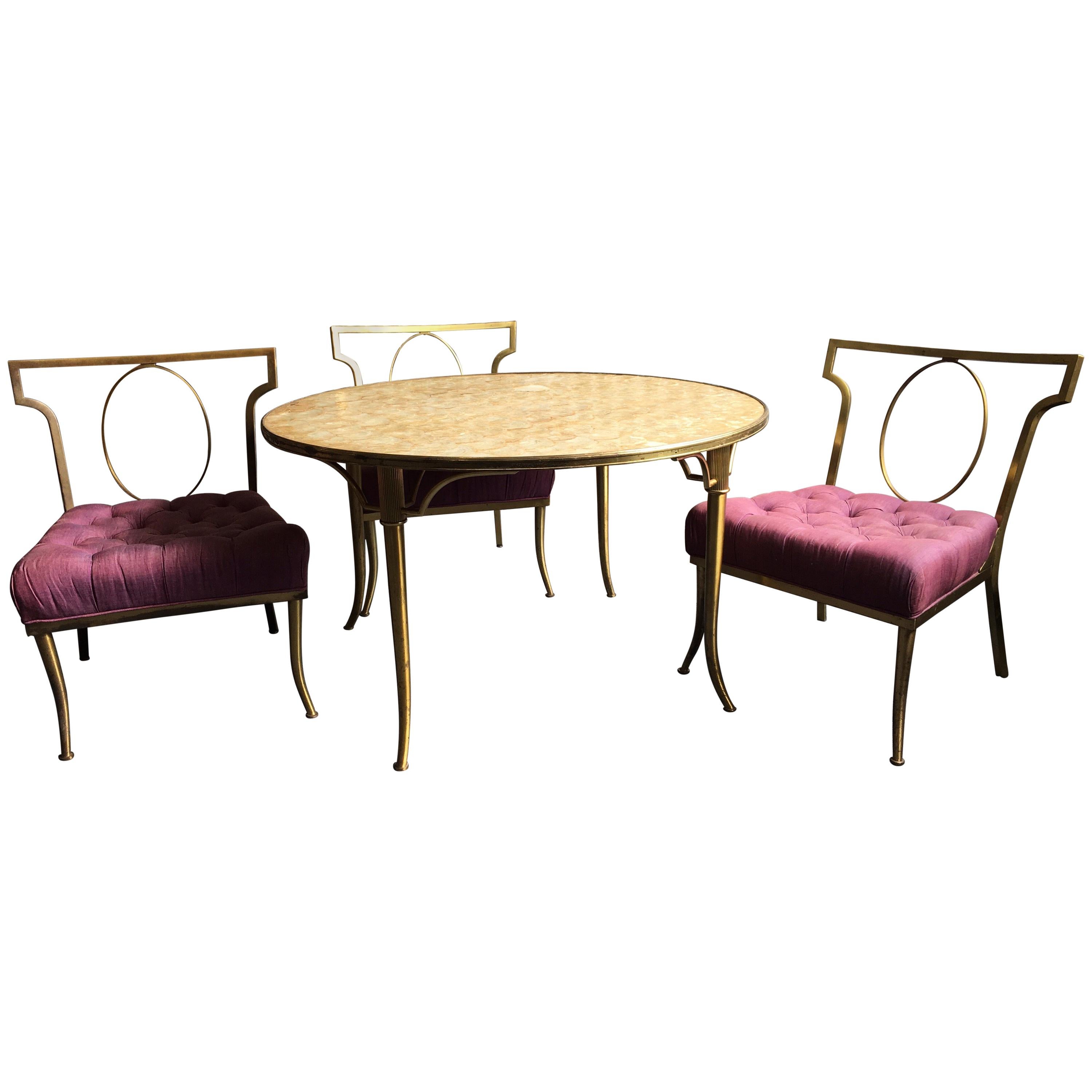 Set of Three Low Brass Directoire Style Chairs with Round Capiz Shell Top Table