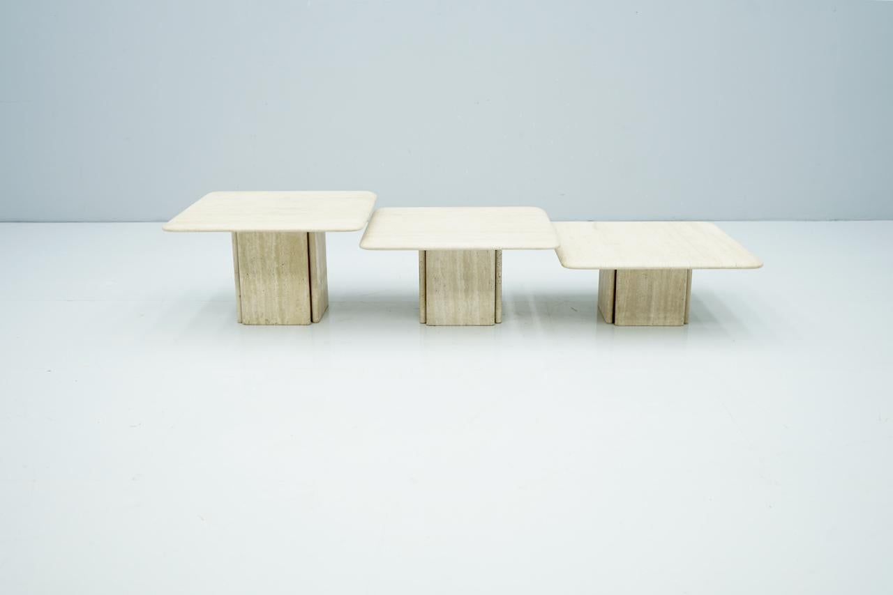 Set of three travertine side or coffee tables, Italy, 1970s
 

Measures: 
1 x W 21.41 x D 21.41 in. x H 12.8 in. 
1 x W 21.41 x D 21.41 in. x H 10.8 in. 
1 x W 21.41 x D 21.41 in. x H 8.8 in. 



1 x 54.5 x 54.5 x 32.5 cm 
1 x 54.5 x 54.5