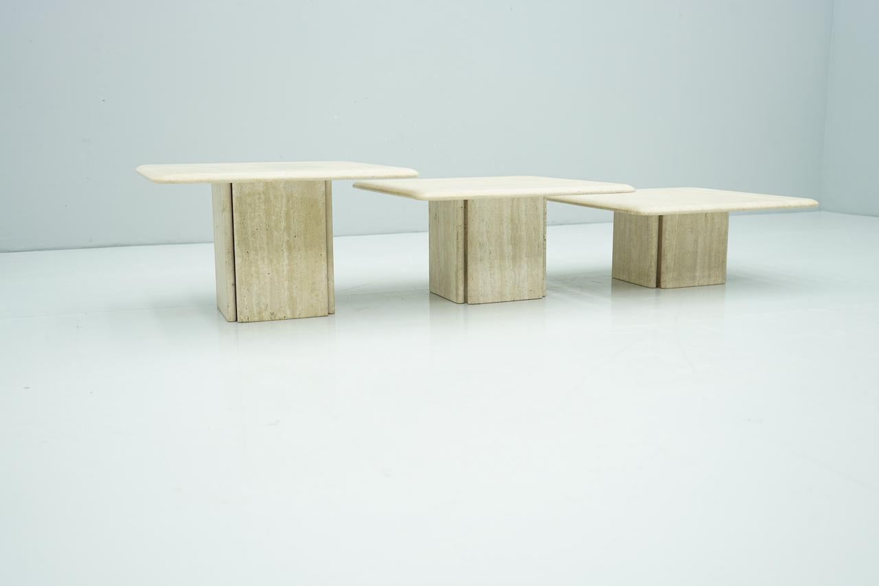 Hollywood Regency Set of Three Low Travertine Side or Coffee Tables, Italy, 1970s