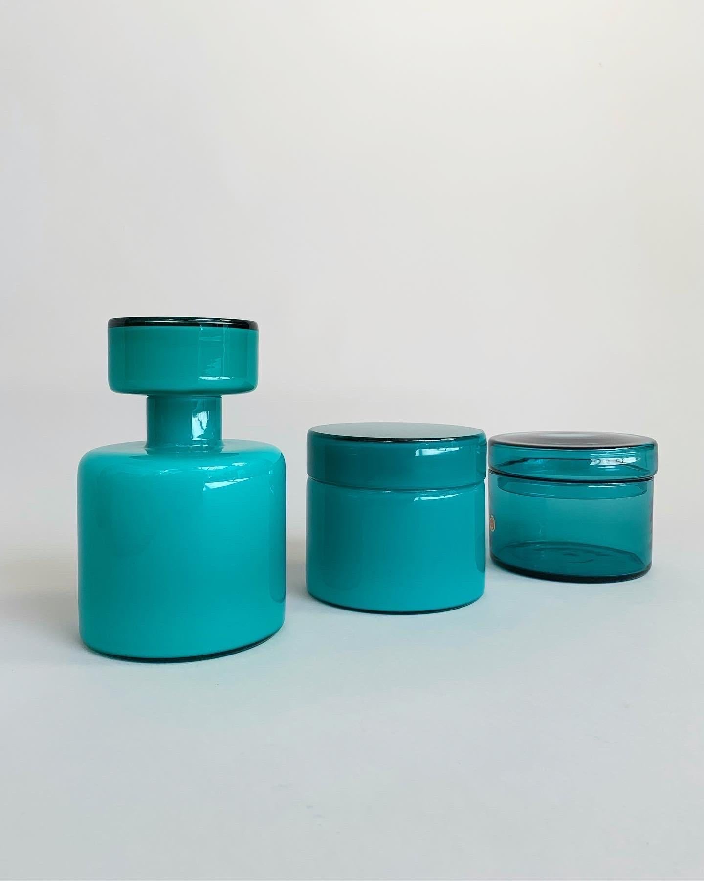 Mid-Century Modern Set of Three Luciano Vistosi Bottle & Jars Murano Glass Turquoise, Italy, 1960s