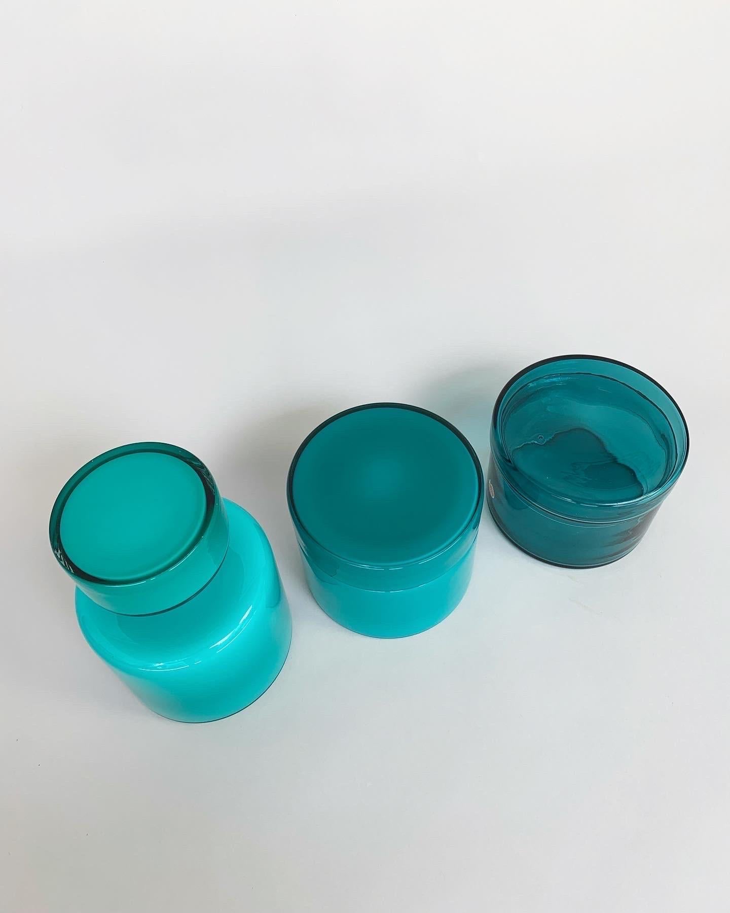Mid-20th Century Set of Three Luciano Vistosi Bottle & Jars Murano Glass Turquoise, Italy, 1960s