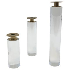 Set of Three Lucite and Brass Candlestick in the Style of Karl Springer