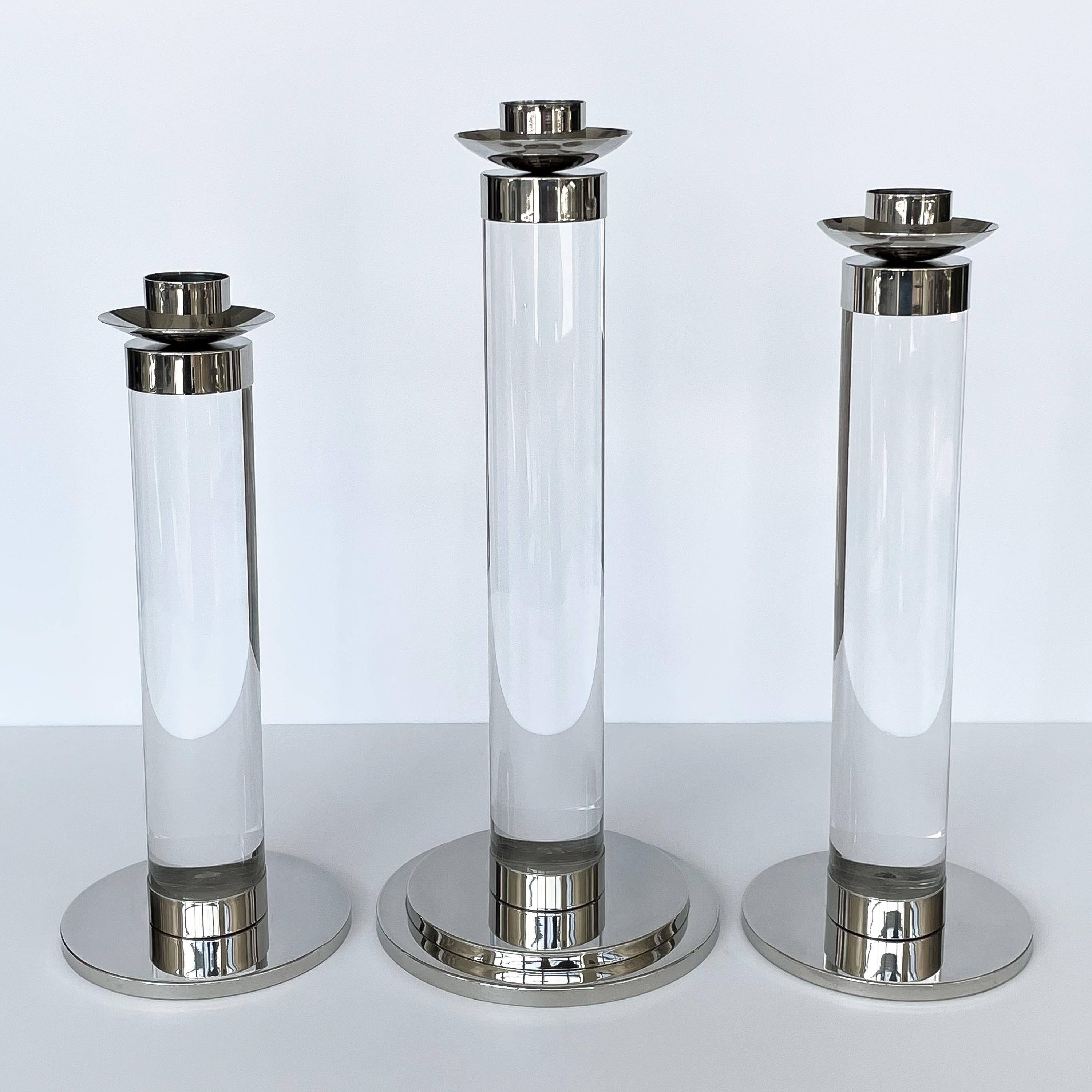 Italian Set of Three Lucite and Chrome Candlesticks