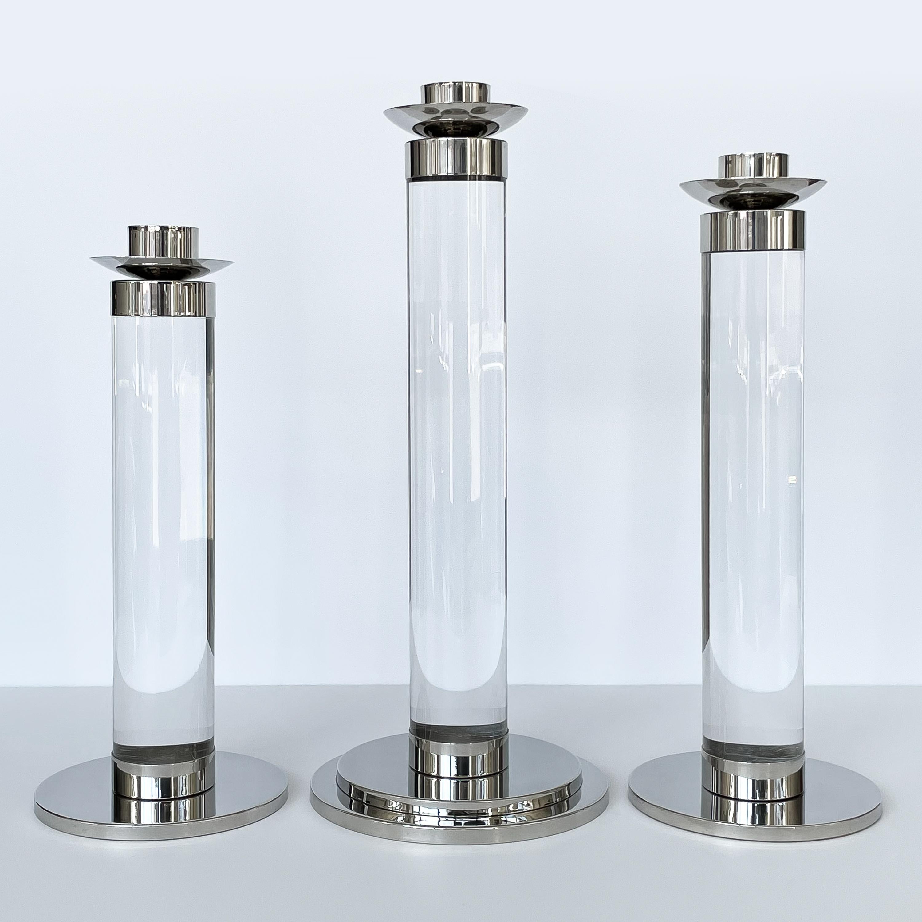 Plated Set of Three Lucite and Chrome Candlesticks