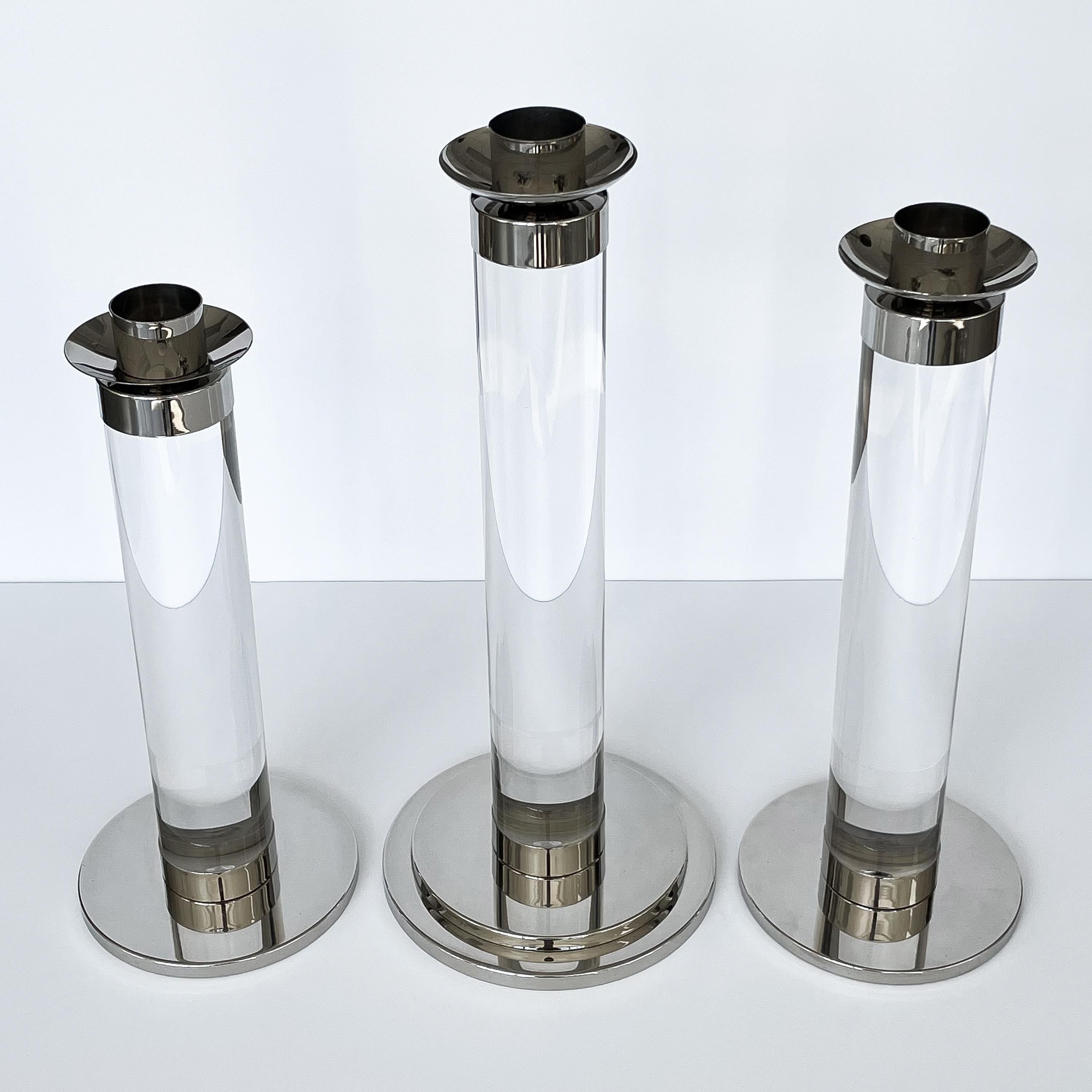 Set of Three Lucite and Chrome Candlesticks In Good Condition In Chicago, IL