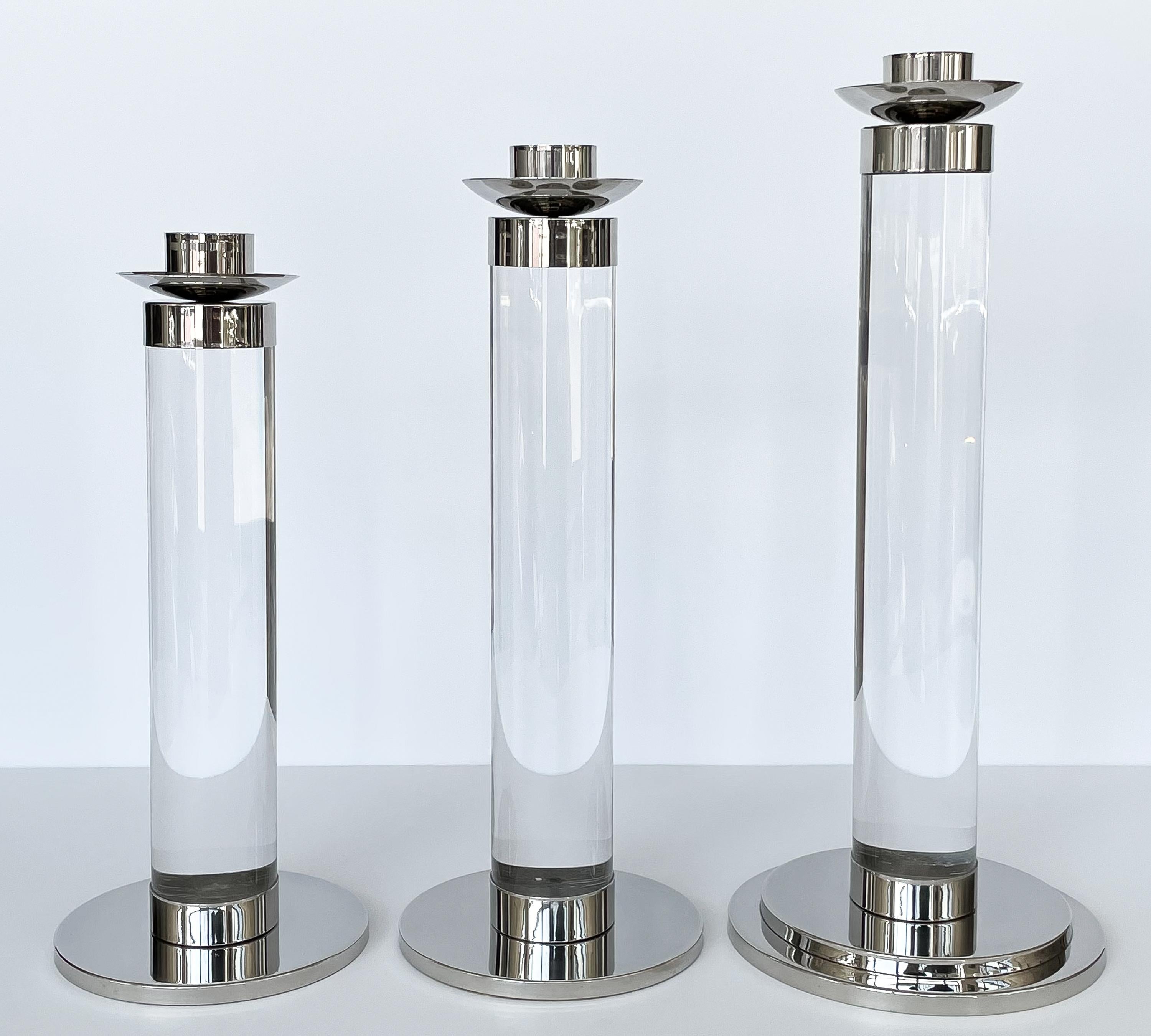 Late 20th Century Set of Three Lucite and Chrome Candlesticks