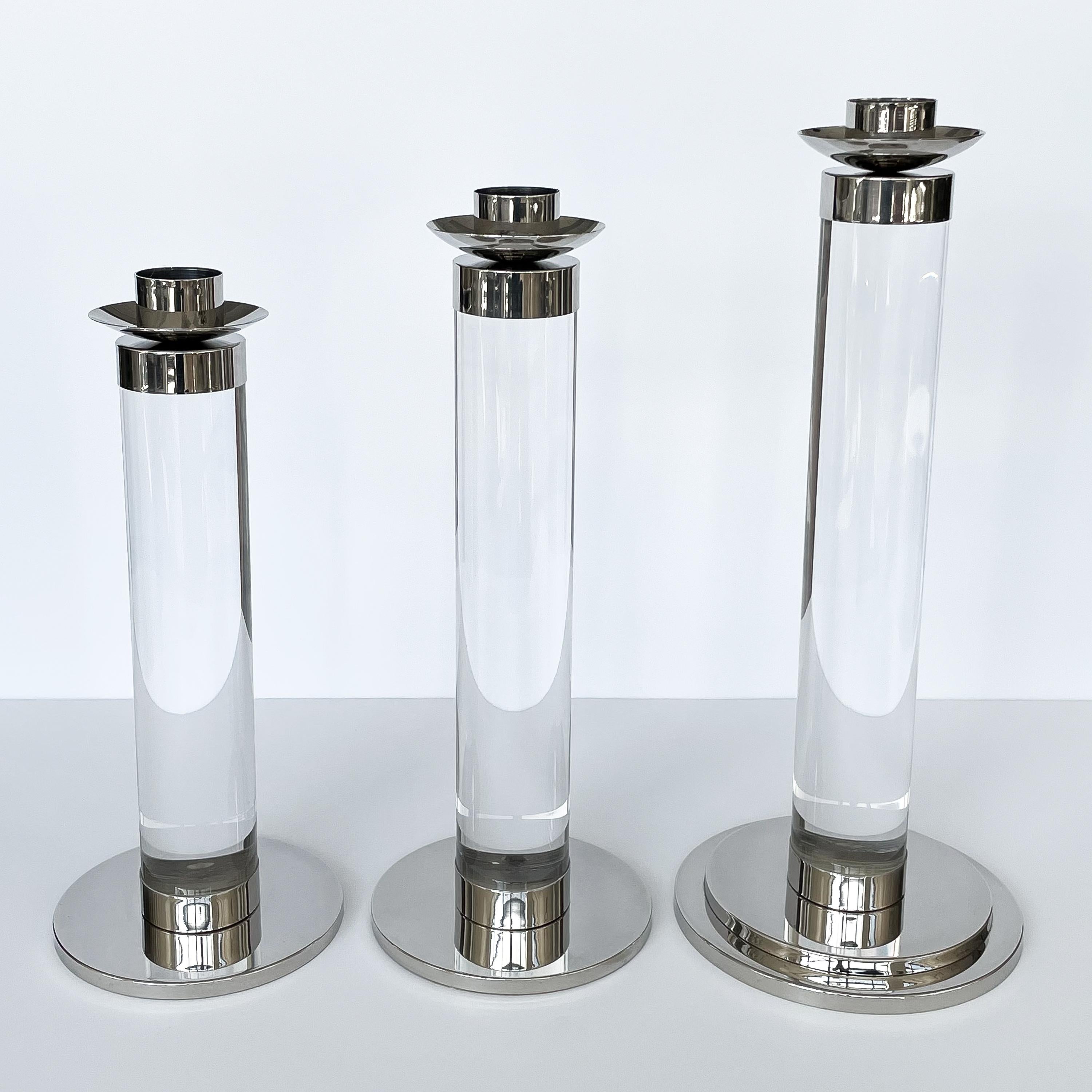 Set of Three Lucite and Chrome Candlesticks 1