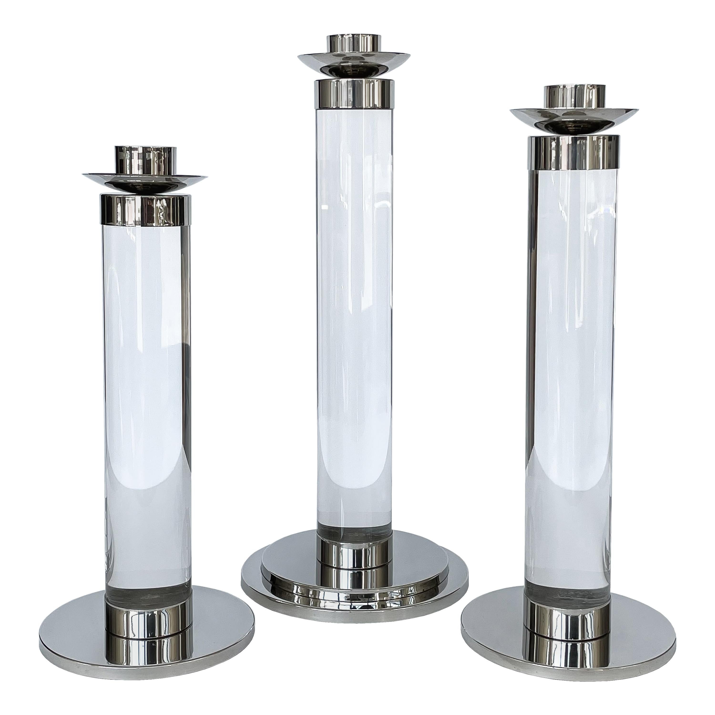 Set of Three Lucite and Chrome Candlesticks