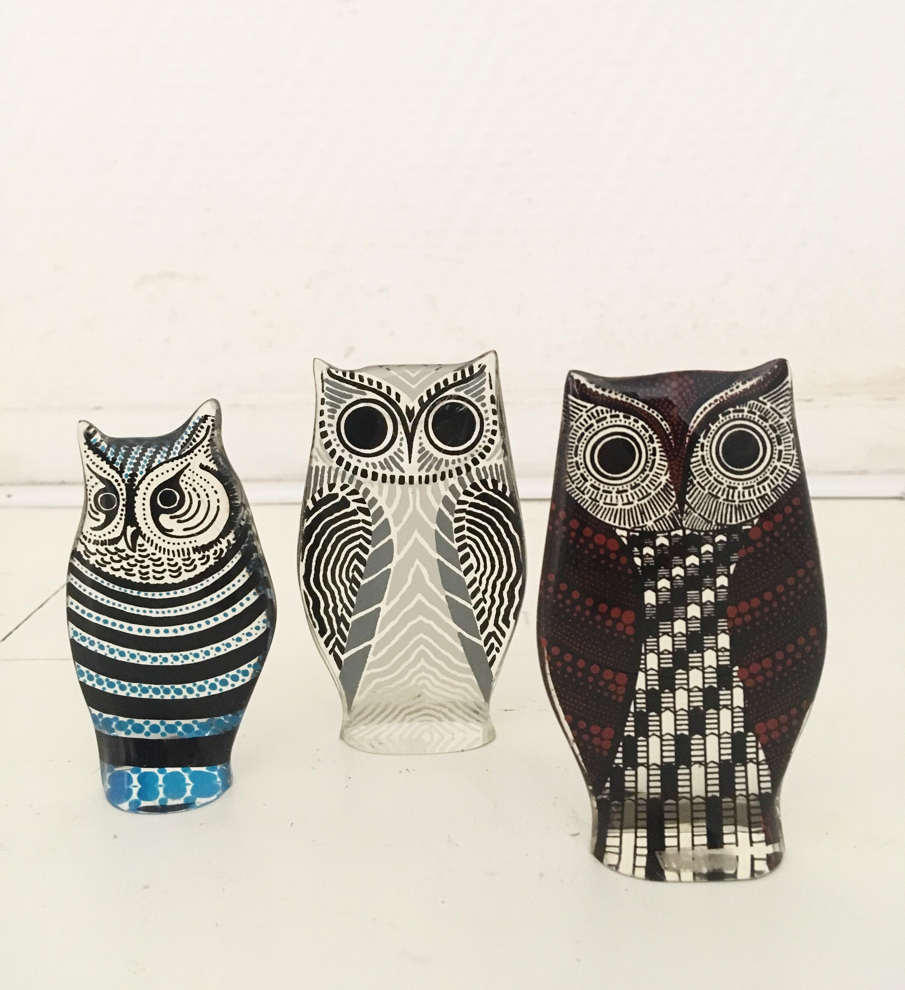 Mid-Century Modern Set of Three Lucite Owls by Abraham Palatnik, 1970s