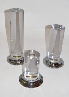 Set of Three Lucite Steel Brass Candle Holders after Karl Springer, 1980s USA
