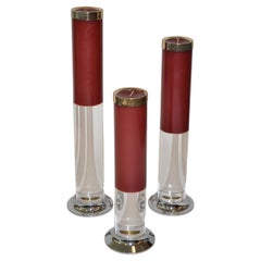 Set of Three Lucite Steel Brass Candle Holders after Karl Springer, 1980s USA