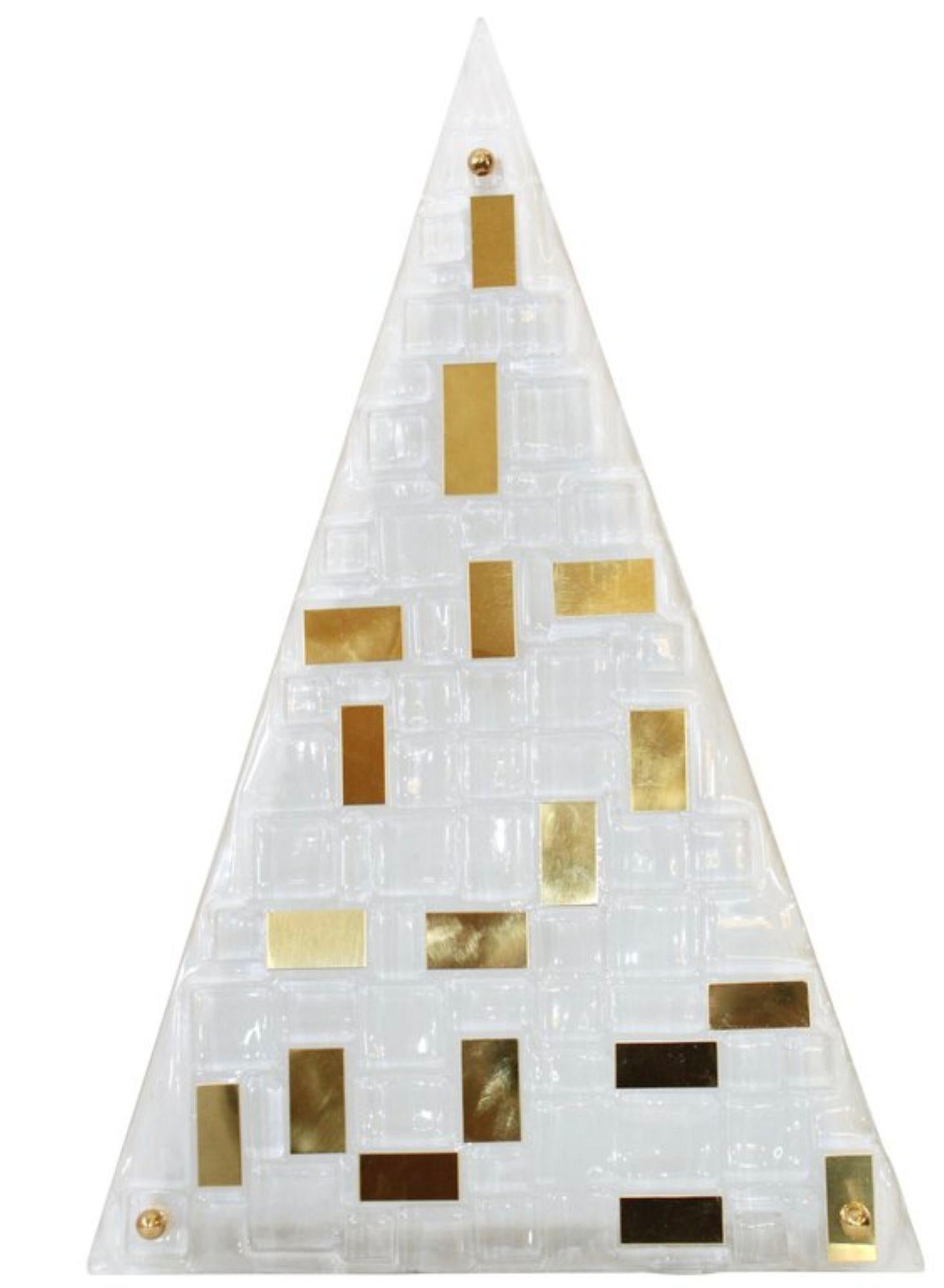 Limited edition Set of three Italian modern sconces/wall lights or flush mounts with frosted triangular textured Murano glasses decorated with brass details / Exclusively designed by Gianluca Fontana / Made in Italy
Height: 27.5 inches / Width: 17.5