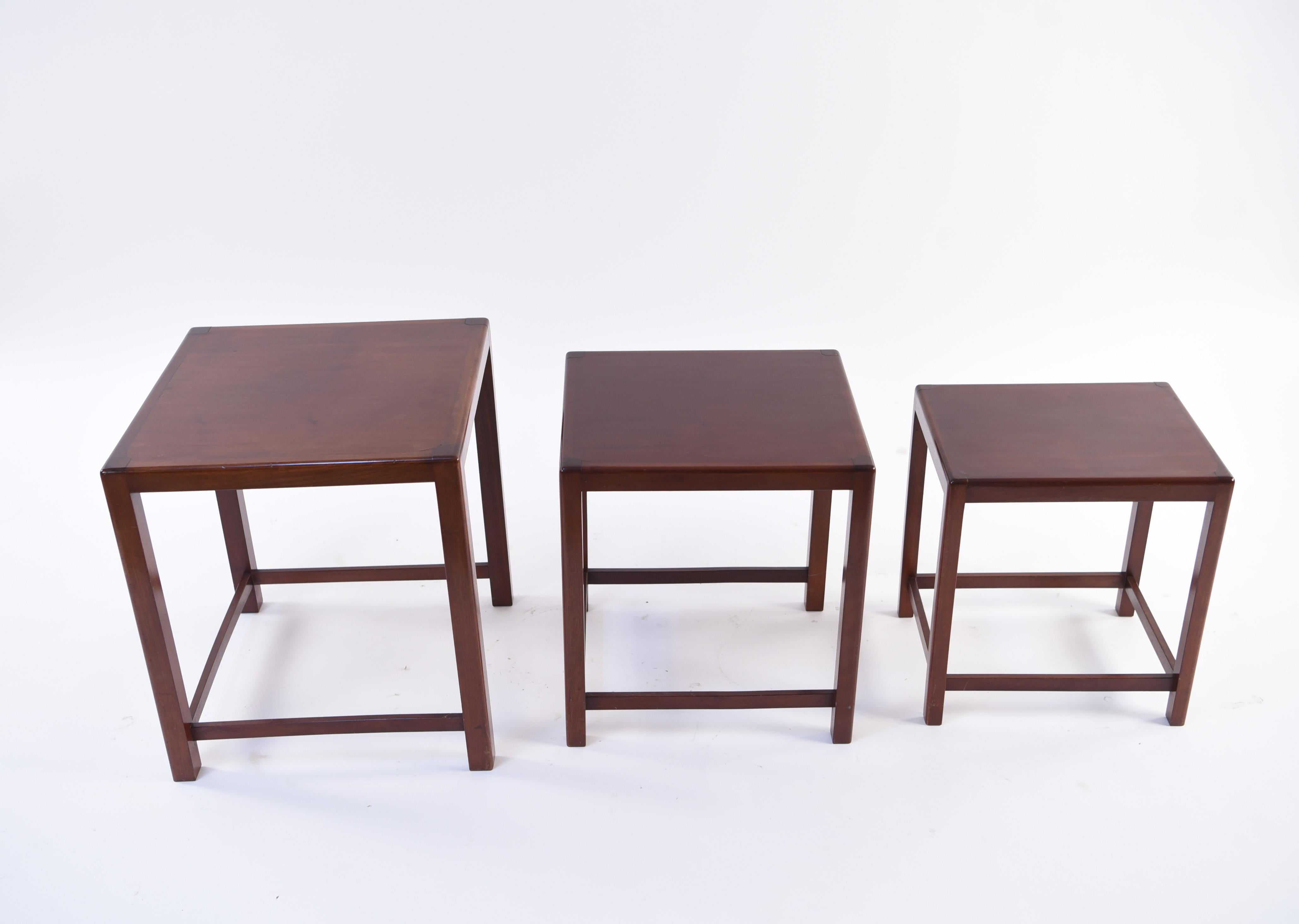 Mid-Century Modern Set of Three Mahogany Nesting Tables by Fritz Hansen