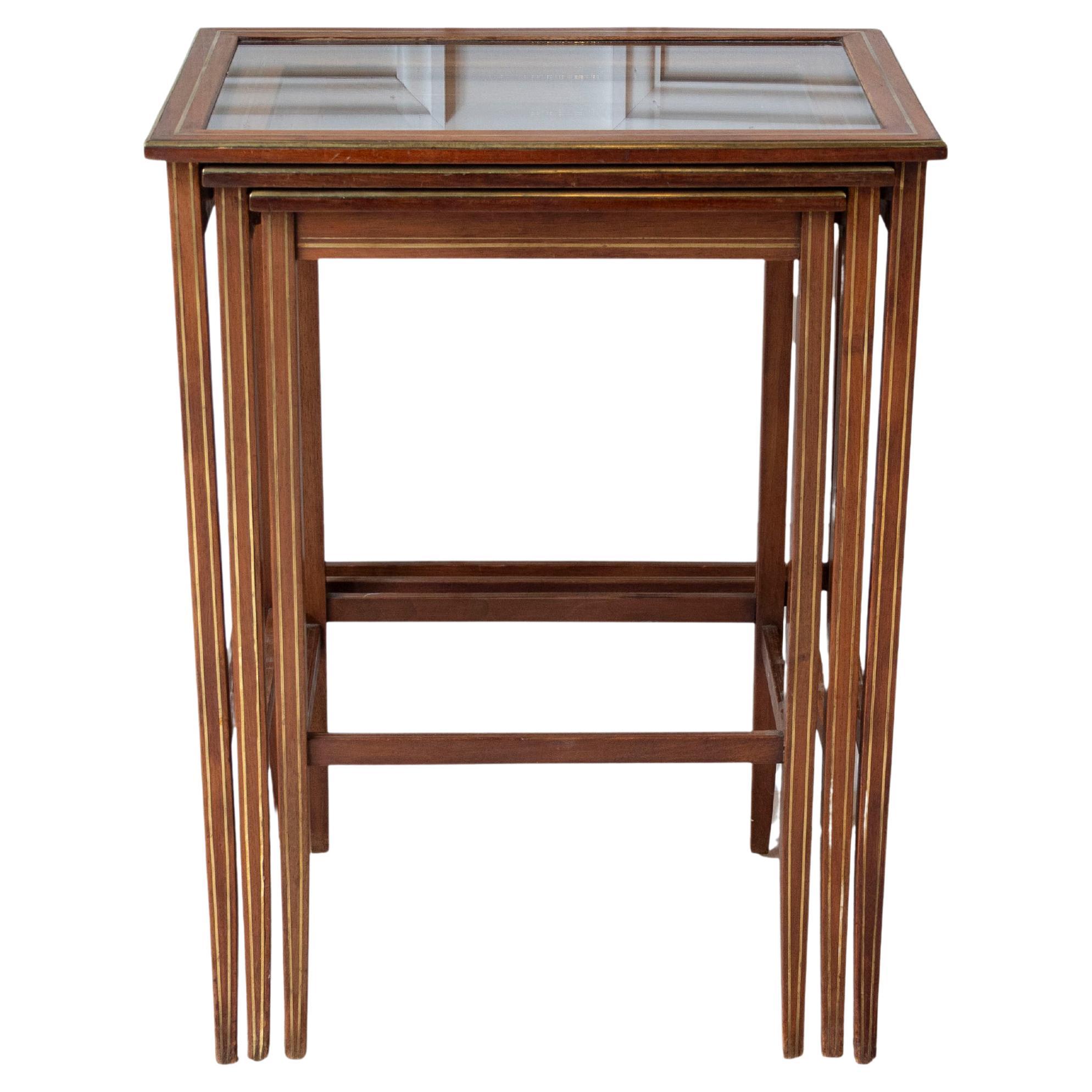 Set of Three Mahogany Nesting Tables with Glass Tops, France, Mid-20th Century
