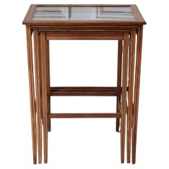 Set of Three Mahogany Nesting Tables with Glass Tops, France, Mid-20th Century