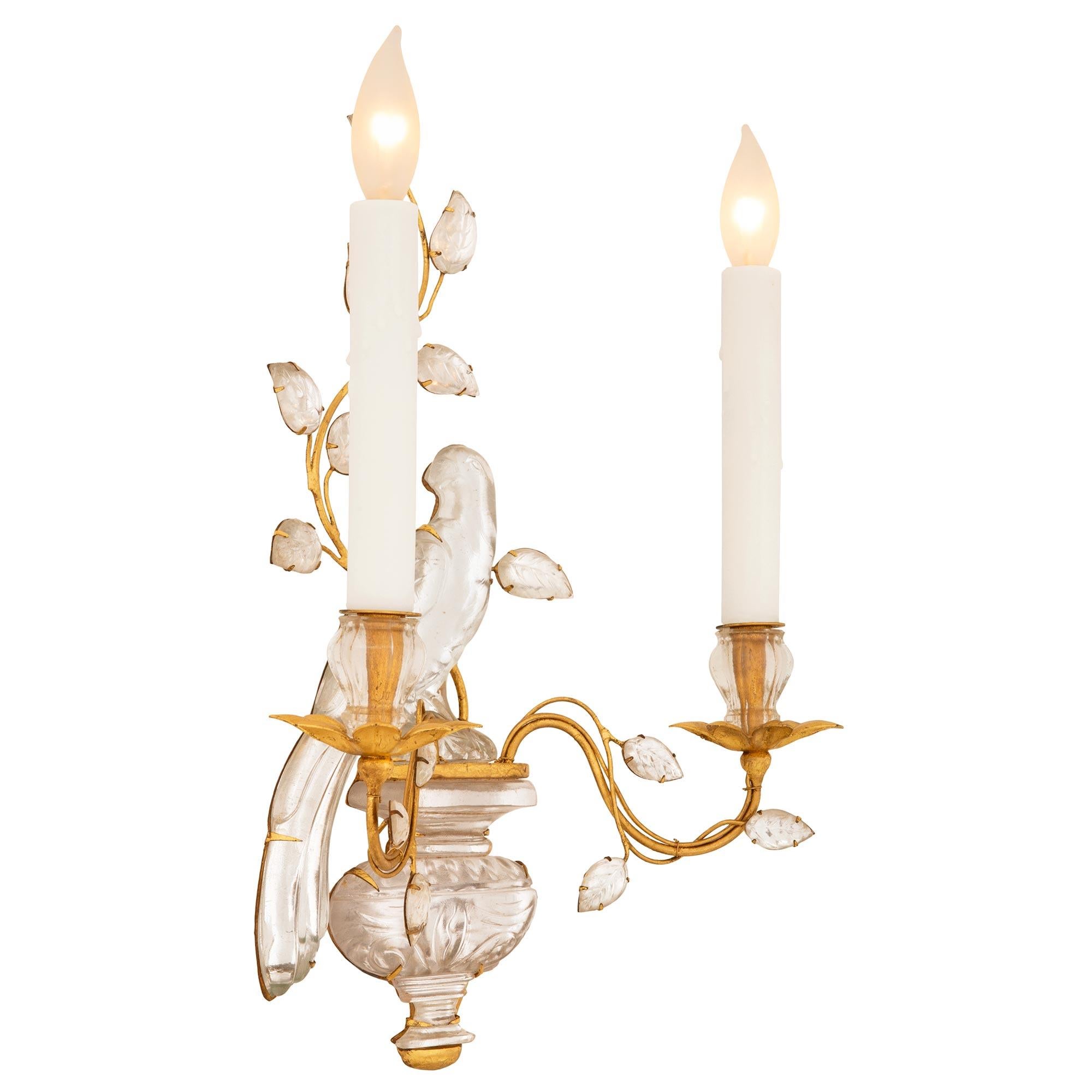 Louis XVI set of three Maison Bagues Gilt, Silvered Leaf, and Crystal sconces For Sale