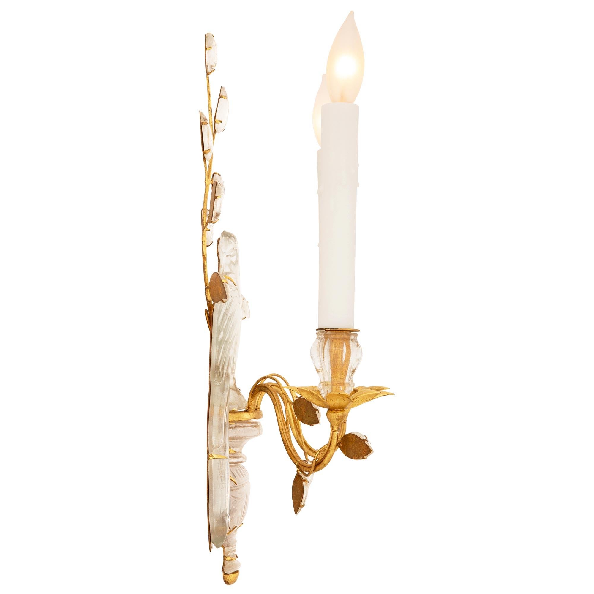 French set of three Maison Bagues Gilt, Silvered Leaf, and Crystal sconces For Sale