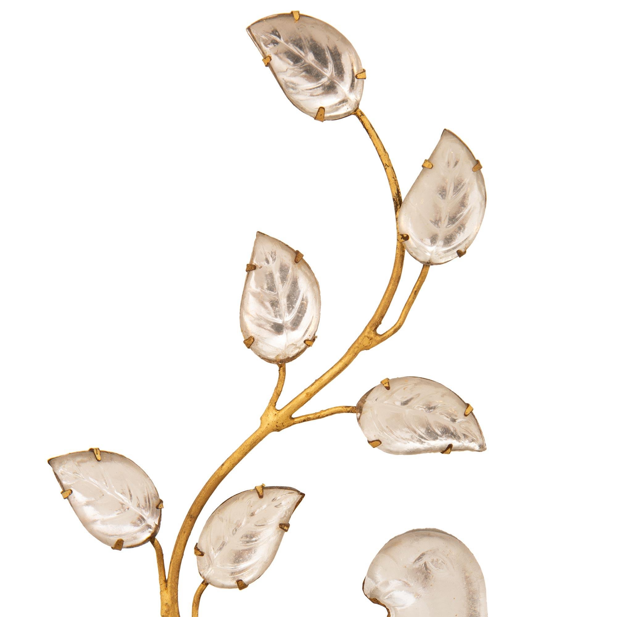set of three Maison Bagues Gilt, Silvered Leaf, and Crystal sconces In Good Condition For Sale In West Palm Beach, FL