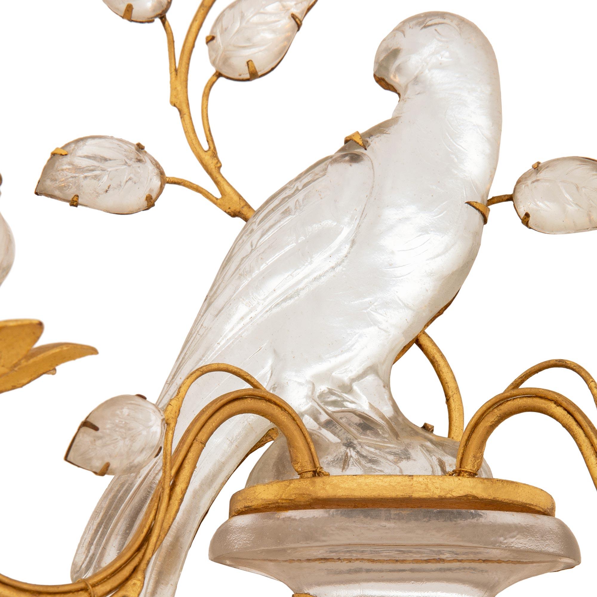 19th Century set of three Maison Bagues Gilt, Silvered Leaf, and Crystal sconces For Sale