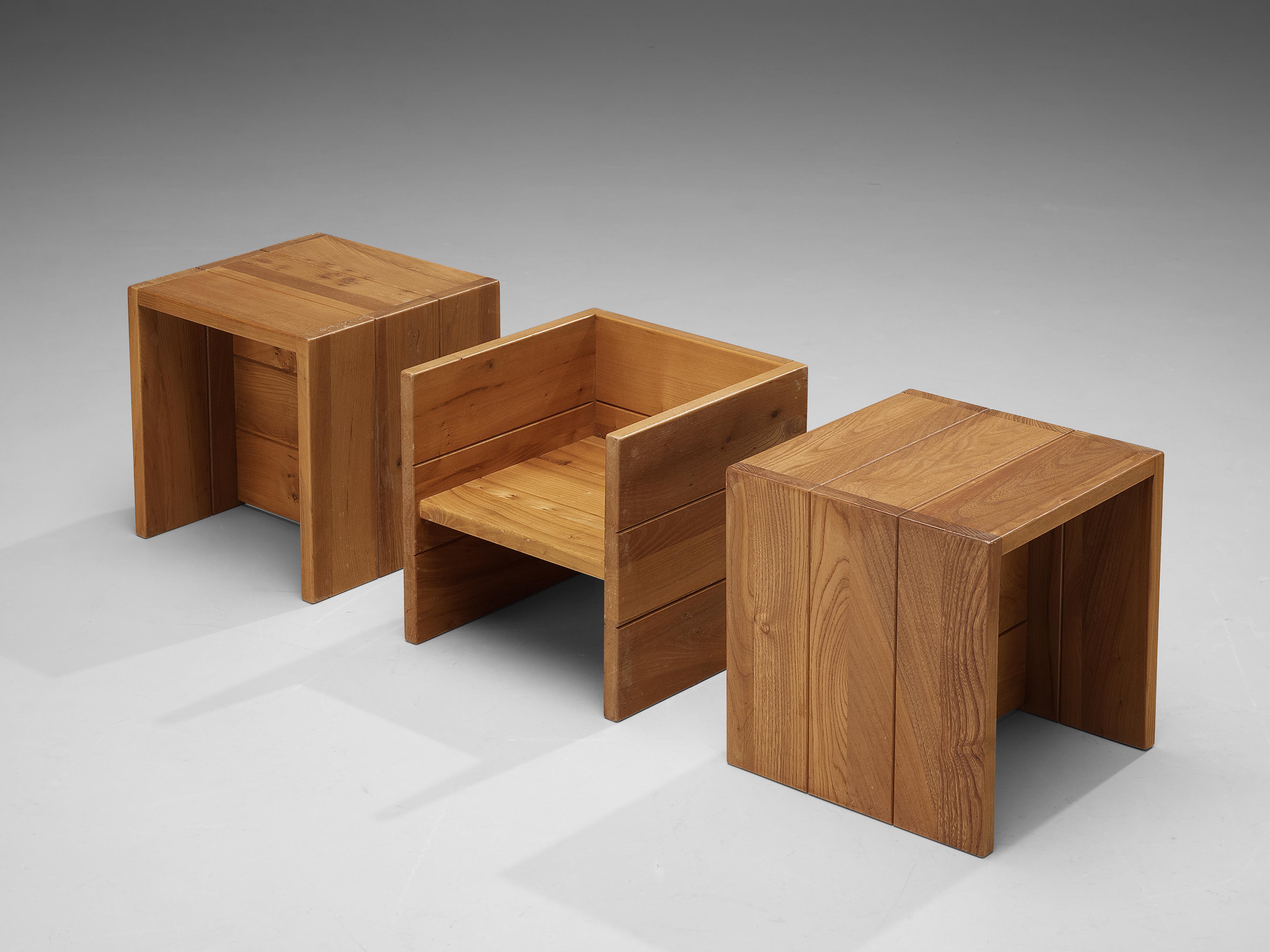 French Set of Three Maison Regain Cubic Side Tables in Elm