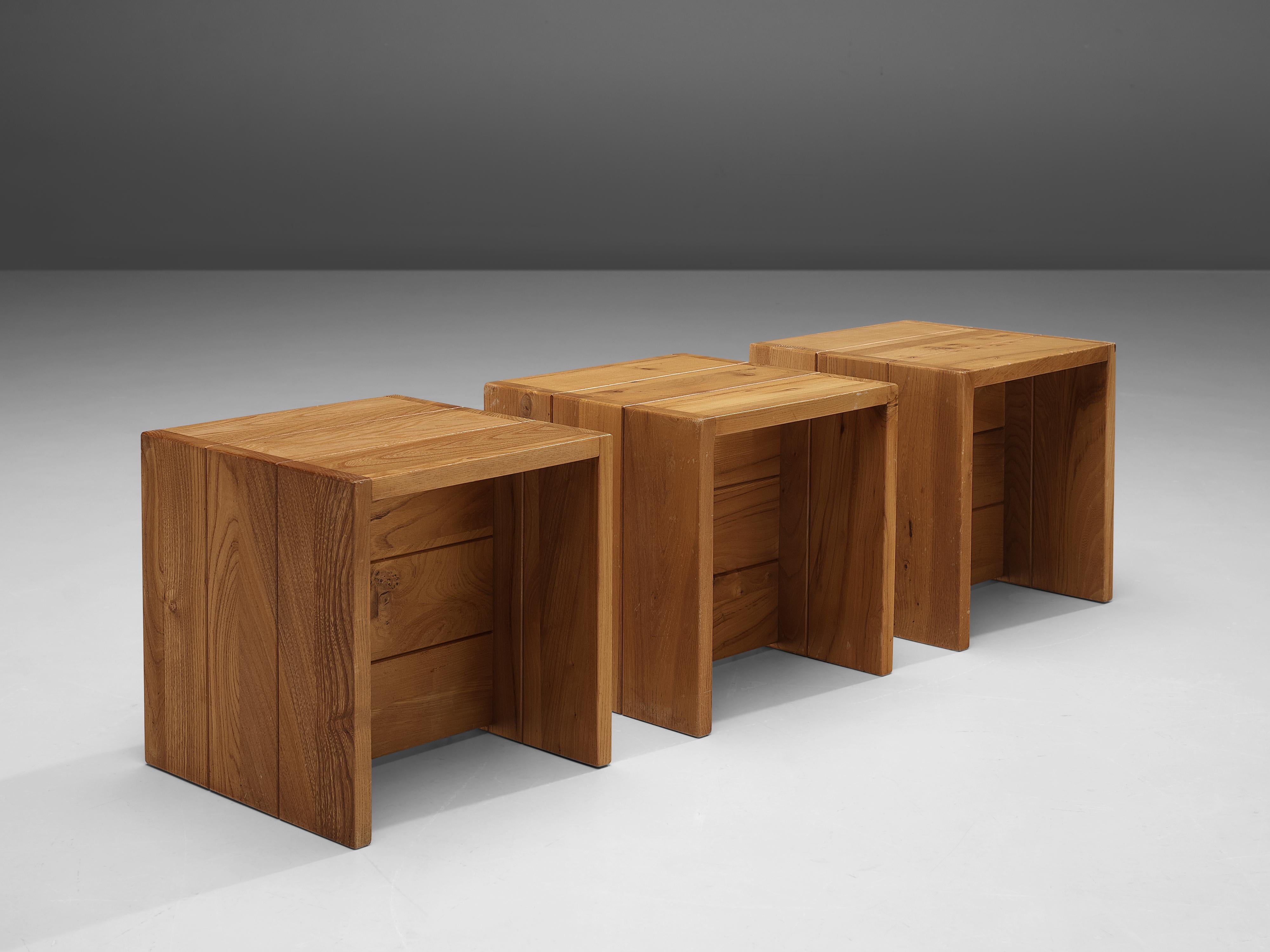 Late 20th Century Set of Three Maison Regain Cubic Side Tables in Elm