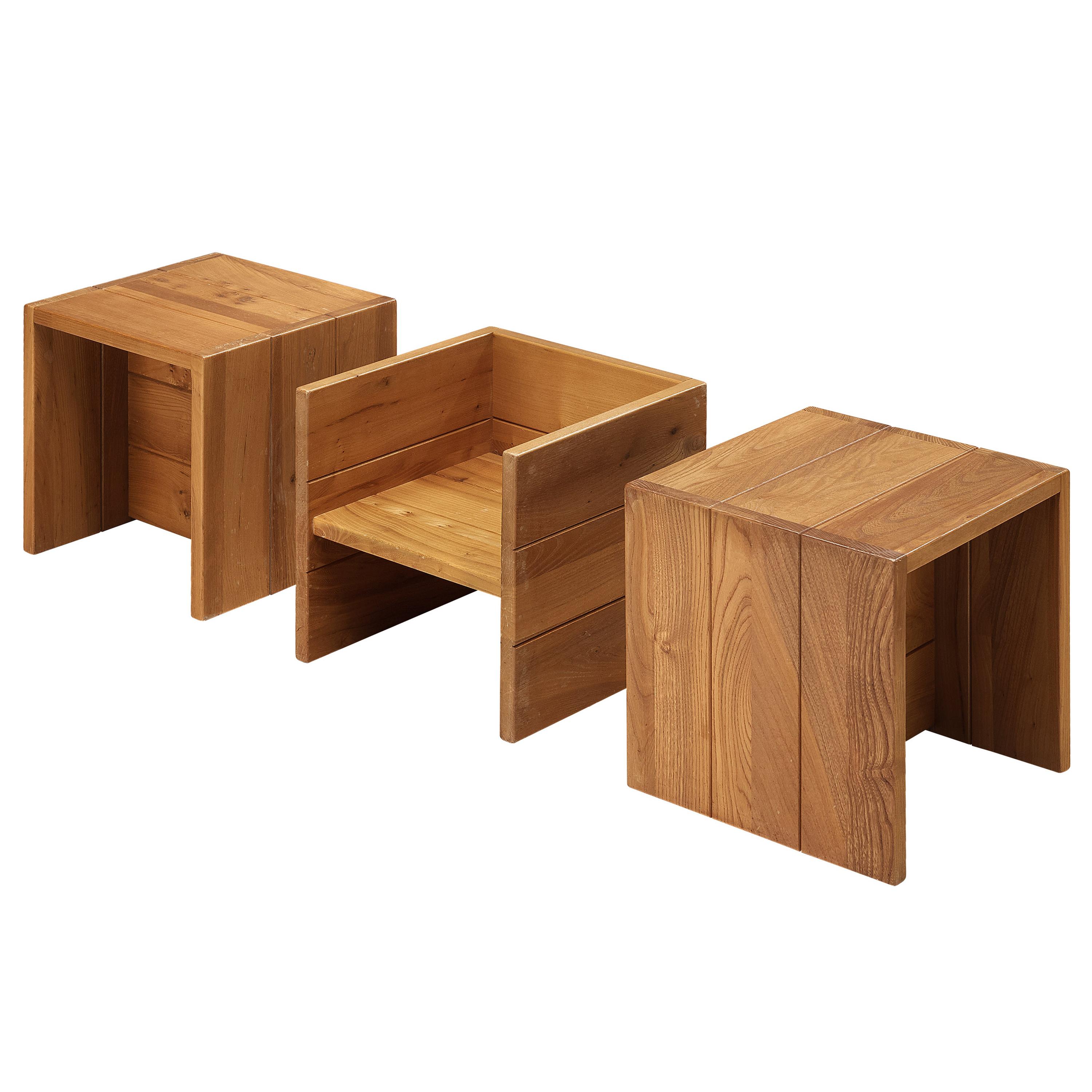 Set of Three Maison Regain Cubic Side Tables in Elm