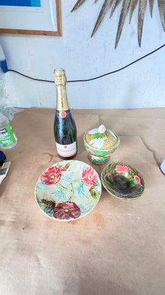 Set of Three Majolica Pieces, 19th & 20th Century, Floral Hand-Painted Designs